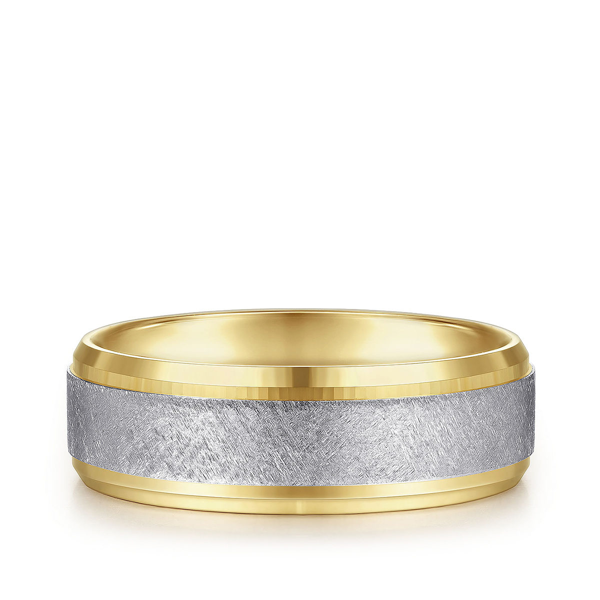 14K white and yellow gold Gabriel & Co. Cole men's 7mm brushed finish beveled edge wedding ring