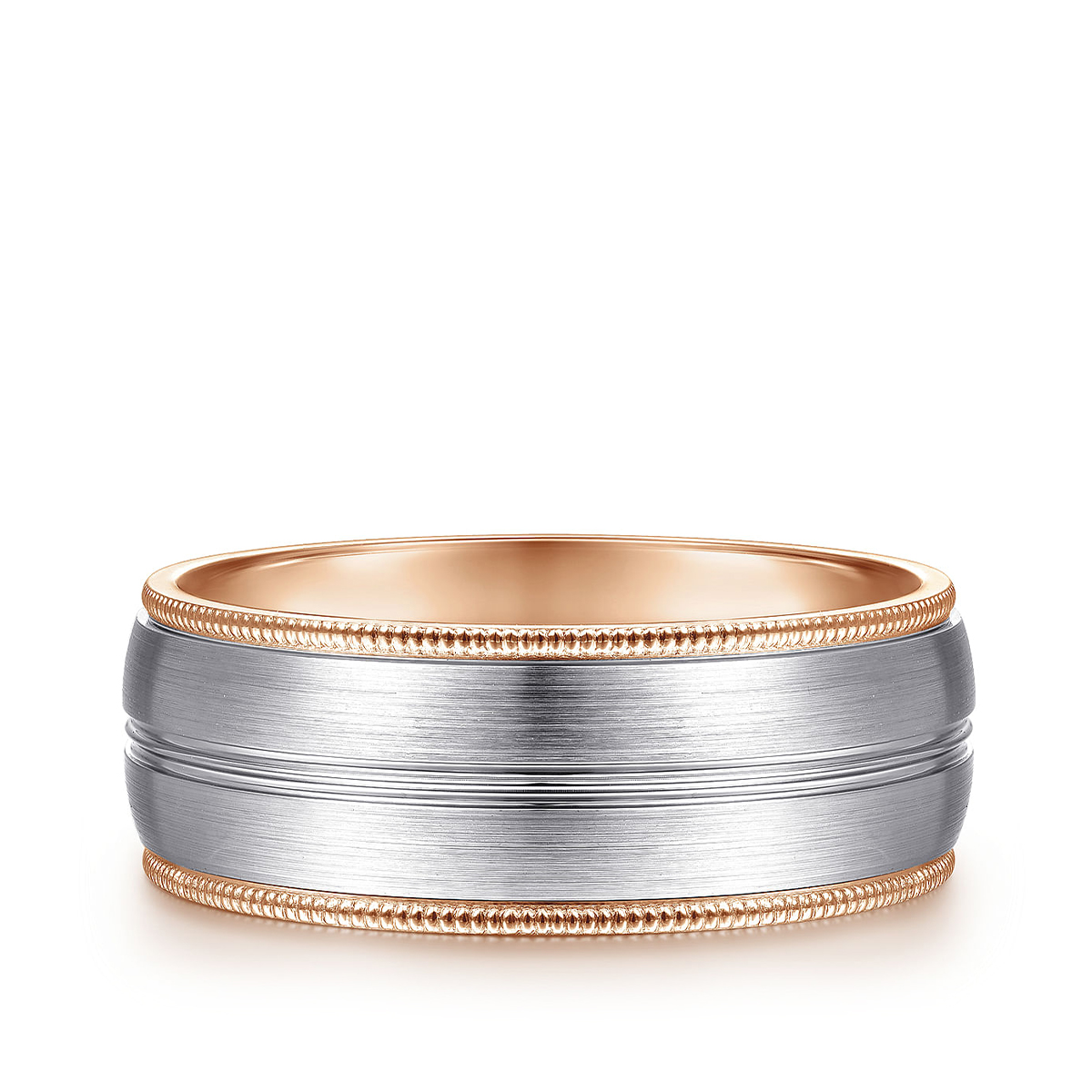 14K white and pink gold Gabriel & Co. Leonardo men's 8mm satin finish rope edge wedding ring