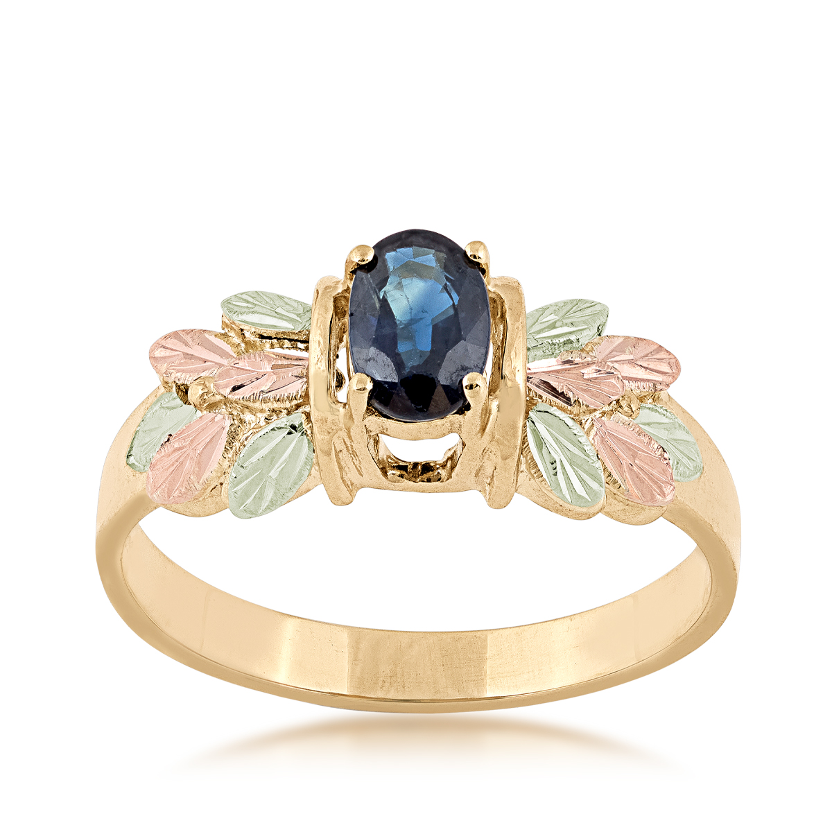 10K yellow gold Black Hills Gold oval sapphire and leaf ring