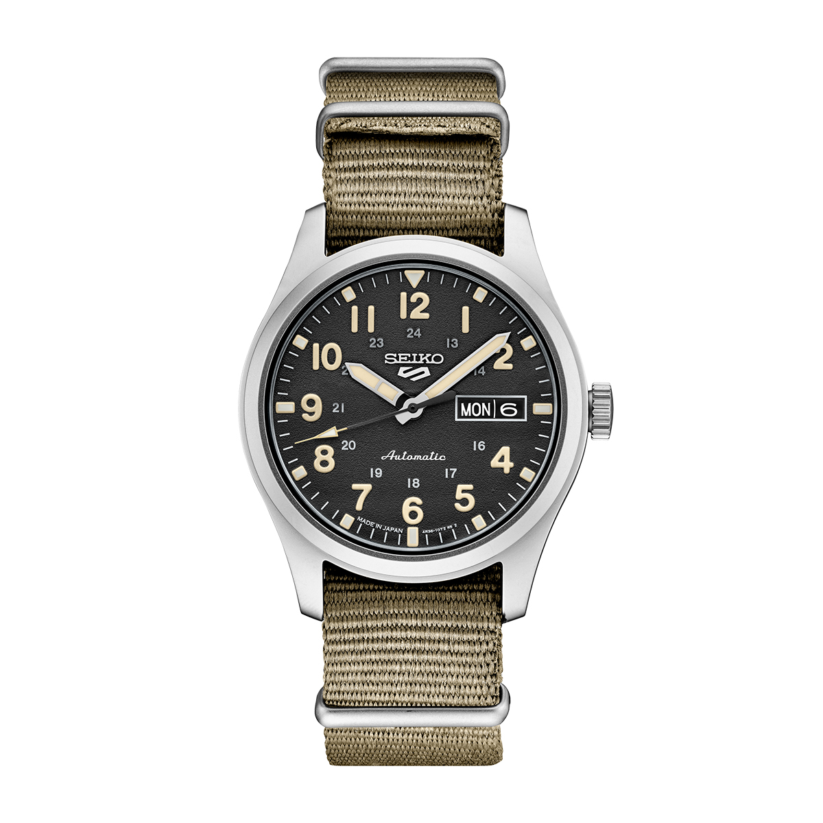 Stainless steel black dial & tan nylon strap Seiko 5 Sports men's field style automatic watch
