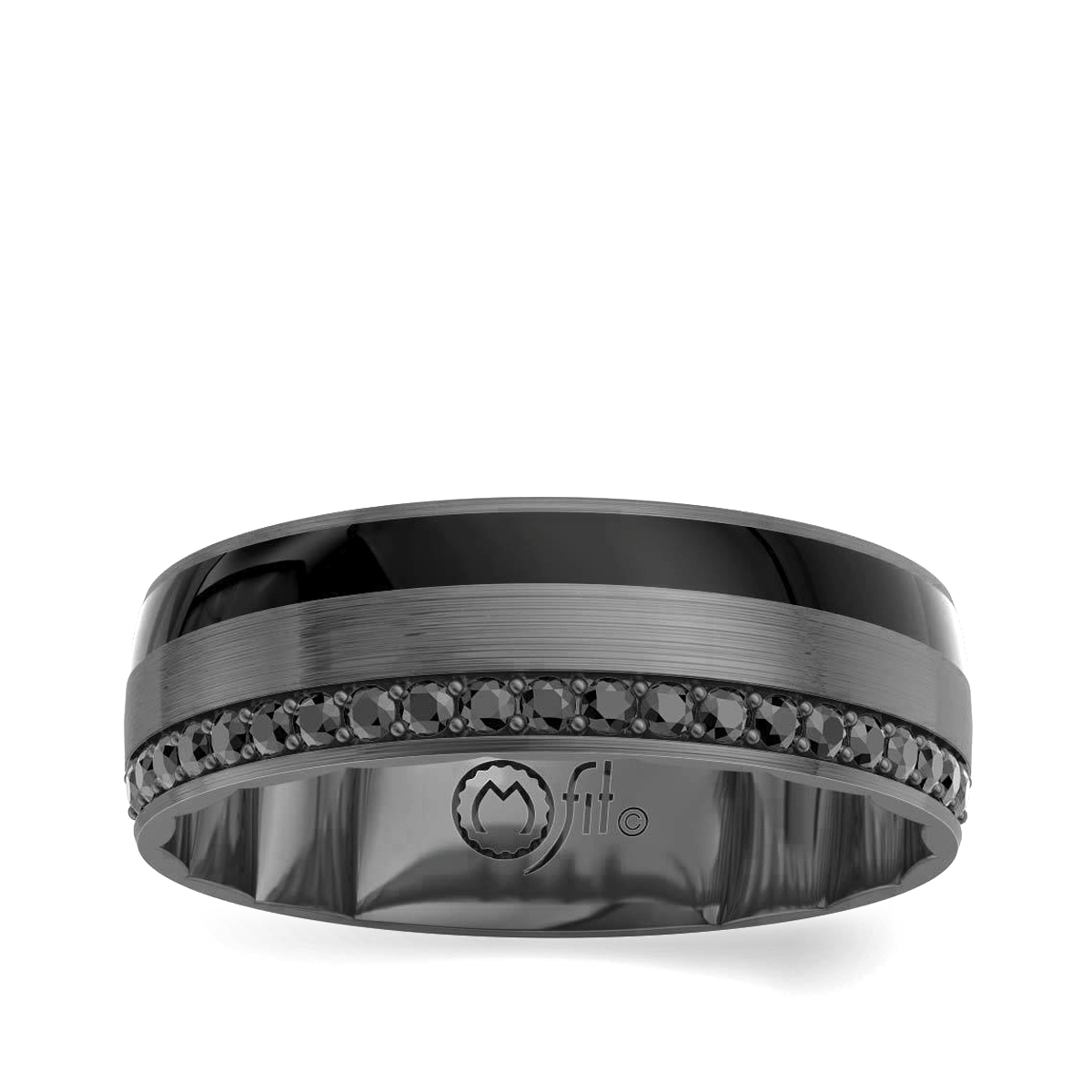 Treated black diamond wedding band in black rhodium plated white gold