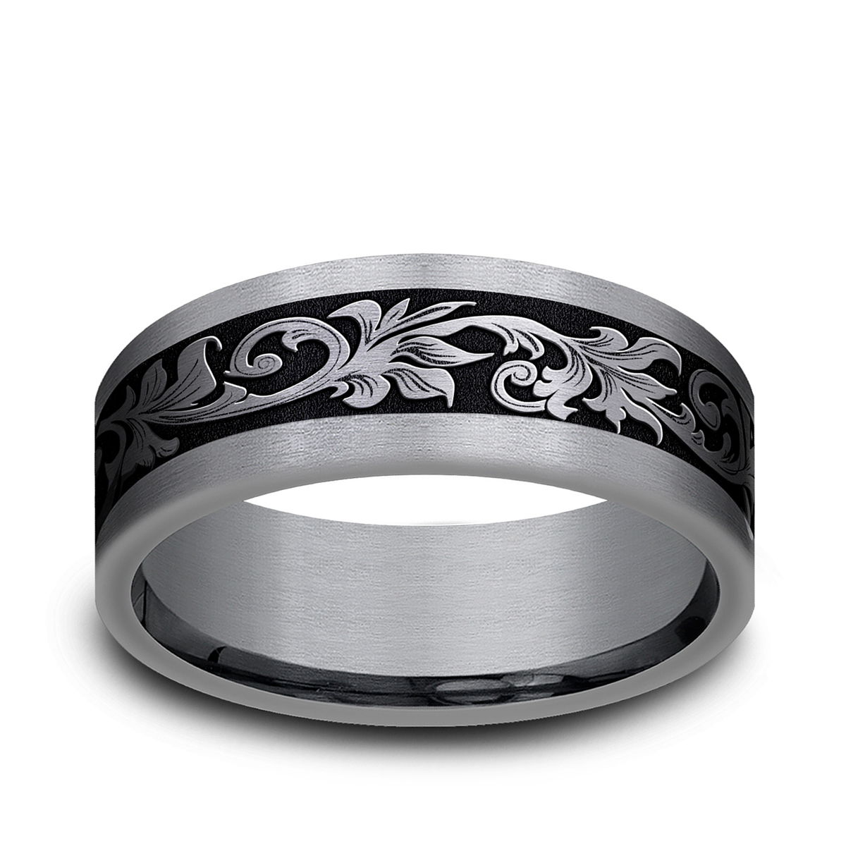Tantalum wedding band with vintage script design and black center