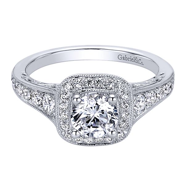 Gabriel & Co. 1/2 ct. tw. Semi-Mount Halo Vintage-Style Engagement Ring with Side Filigree Detailing and Milgrain Edging - ER9331W44JJ