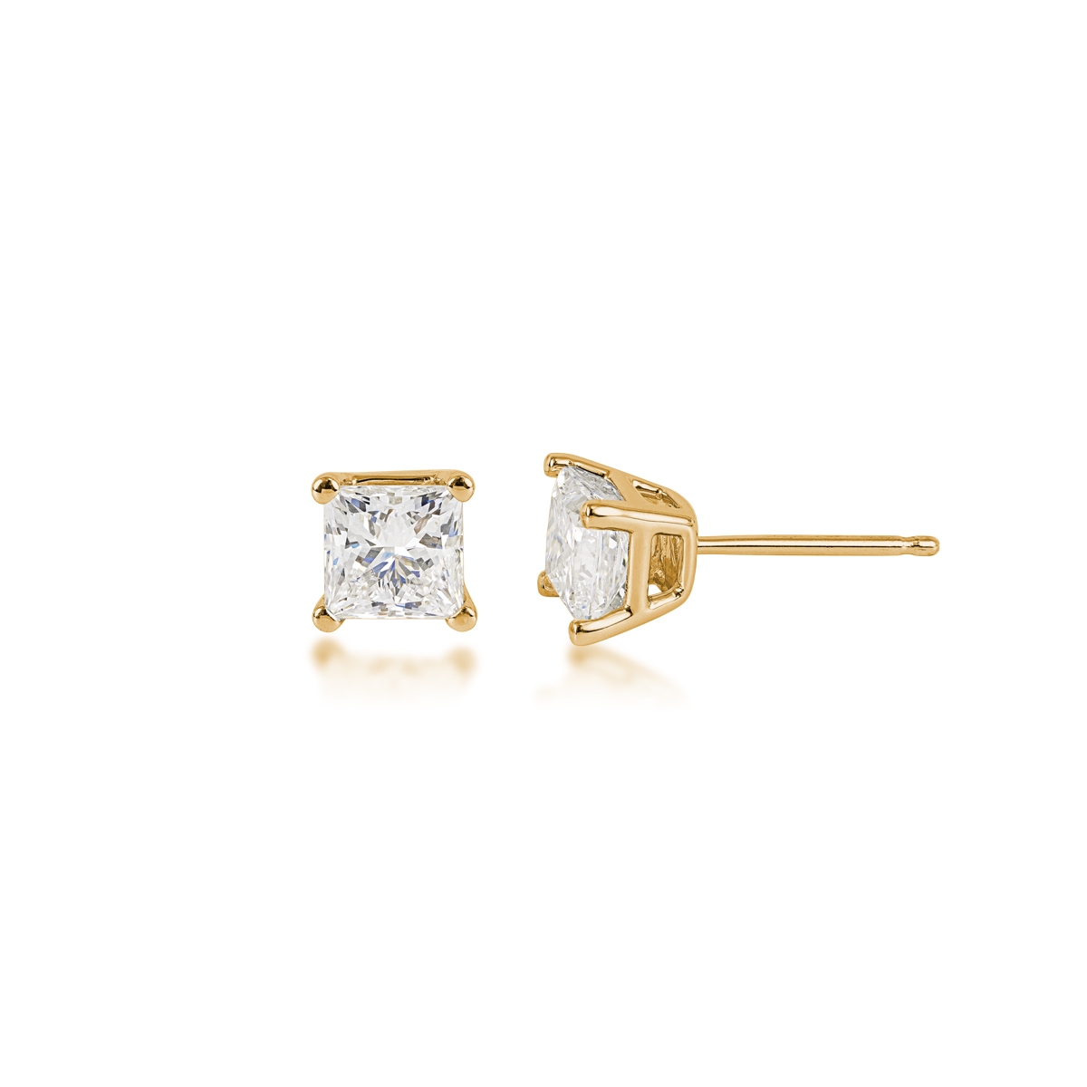 yellow gold princess cut diamond solitaire stud earrings