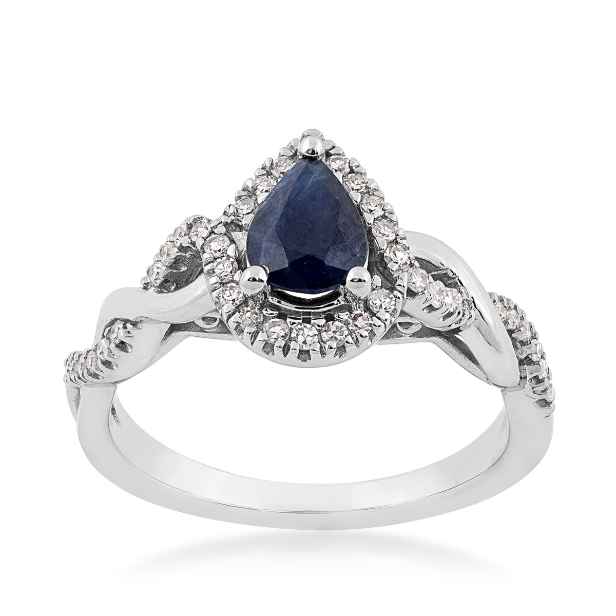 white gold pear sapphire and diamond halo ring with twist shank