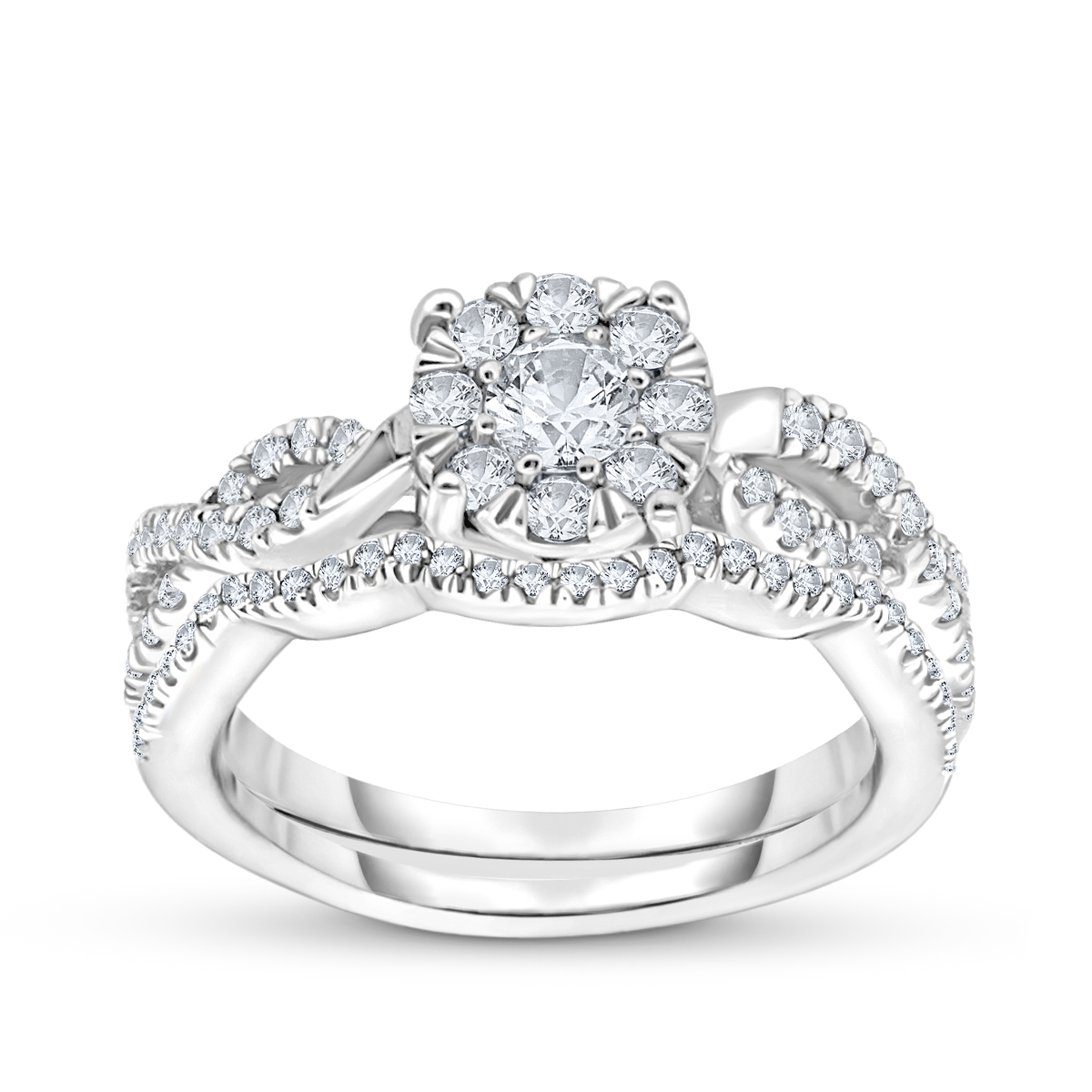 white gold round diamond cluster twist wedding set