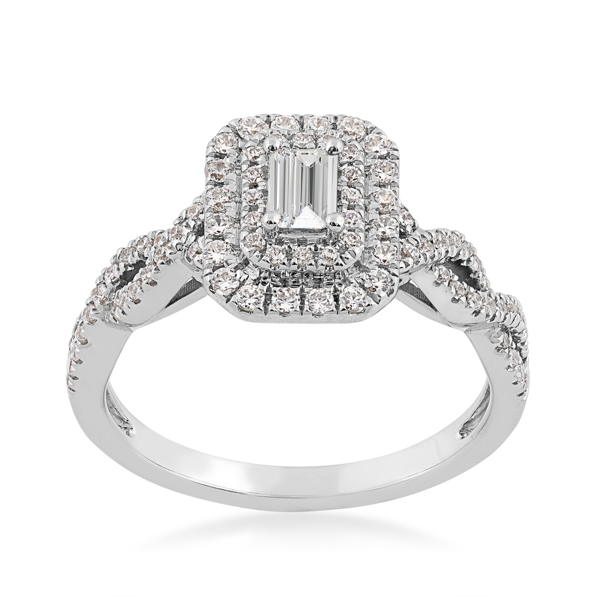 10K white gold True Promise 1/2 ct. tw. emerald cut diamond double halo engagement ring with twist shank