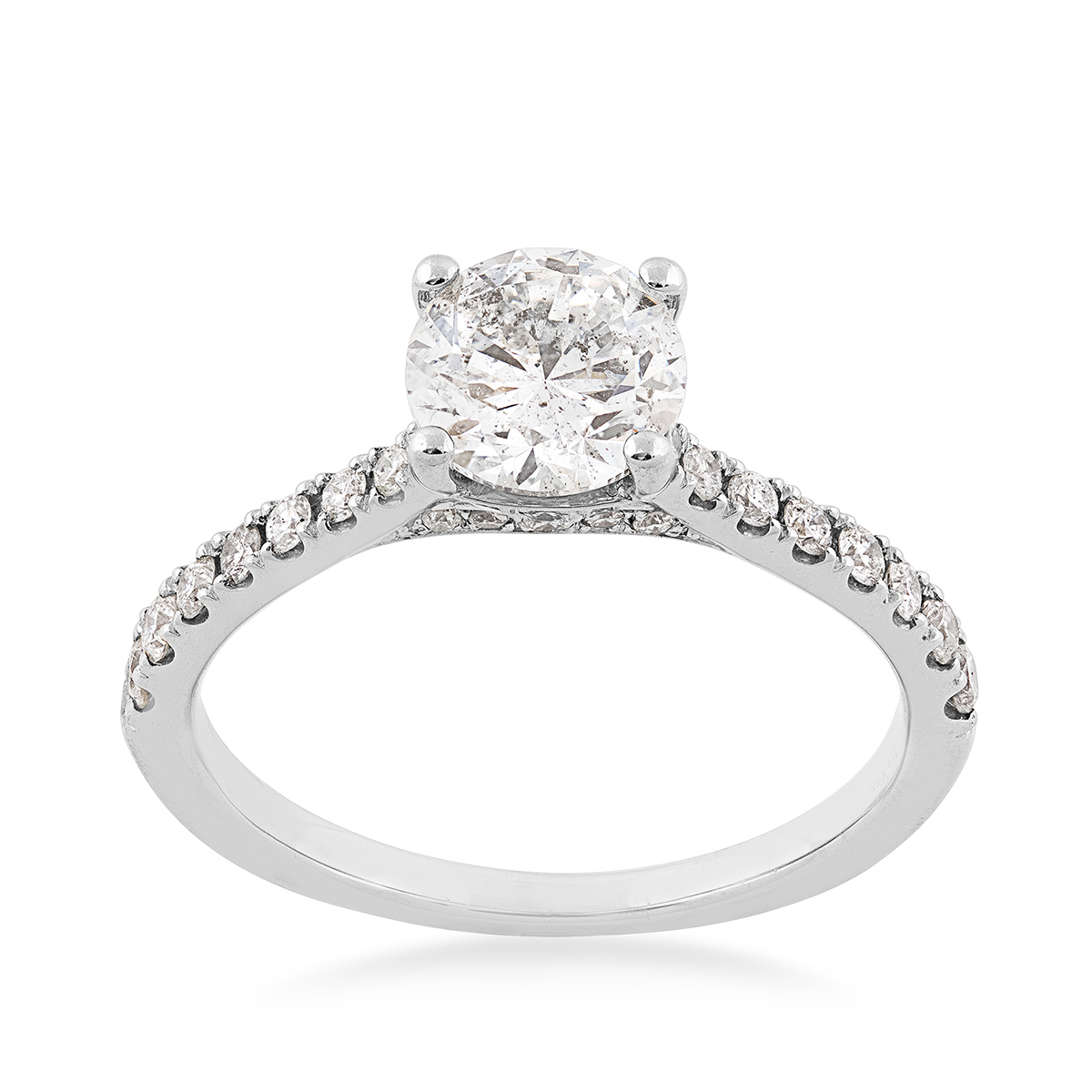 platinum round diamond ring with melee diamonds along shank