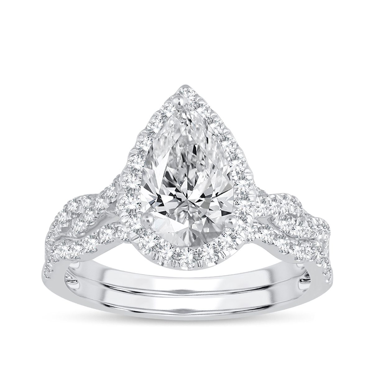 white gold pear-shaped diamond with diamond halo and twist shank engagement ring and wedding band