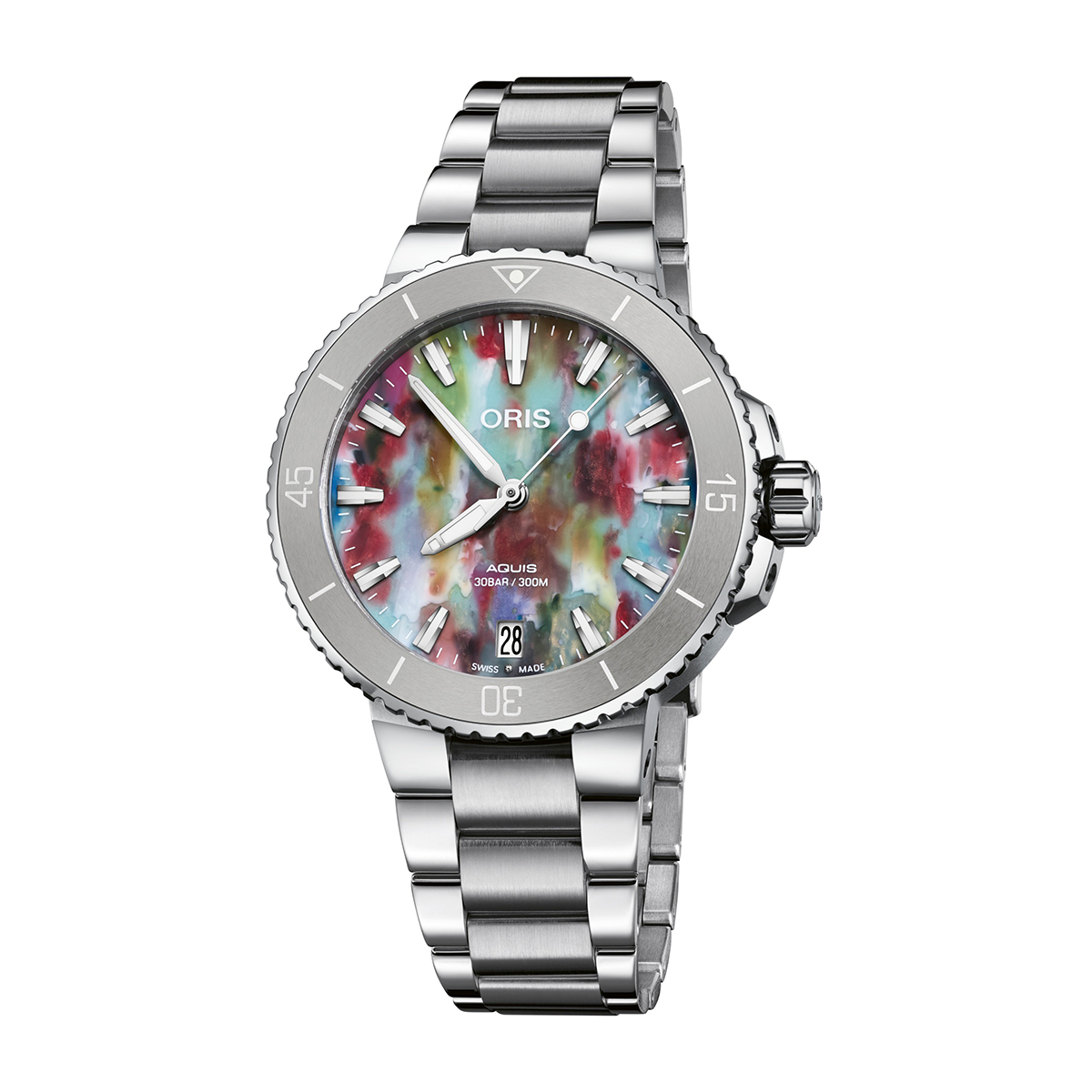 Stainless steel multicolor recycled plastic dial & 36.5mm case unisex Oris Aquis Upcycle automatic watch