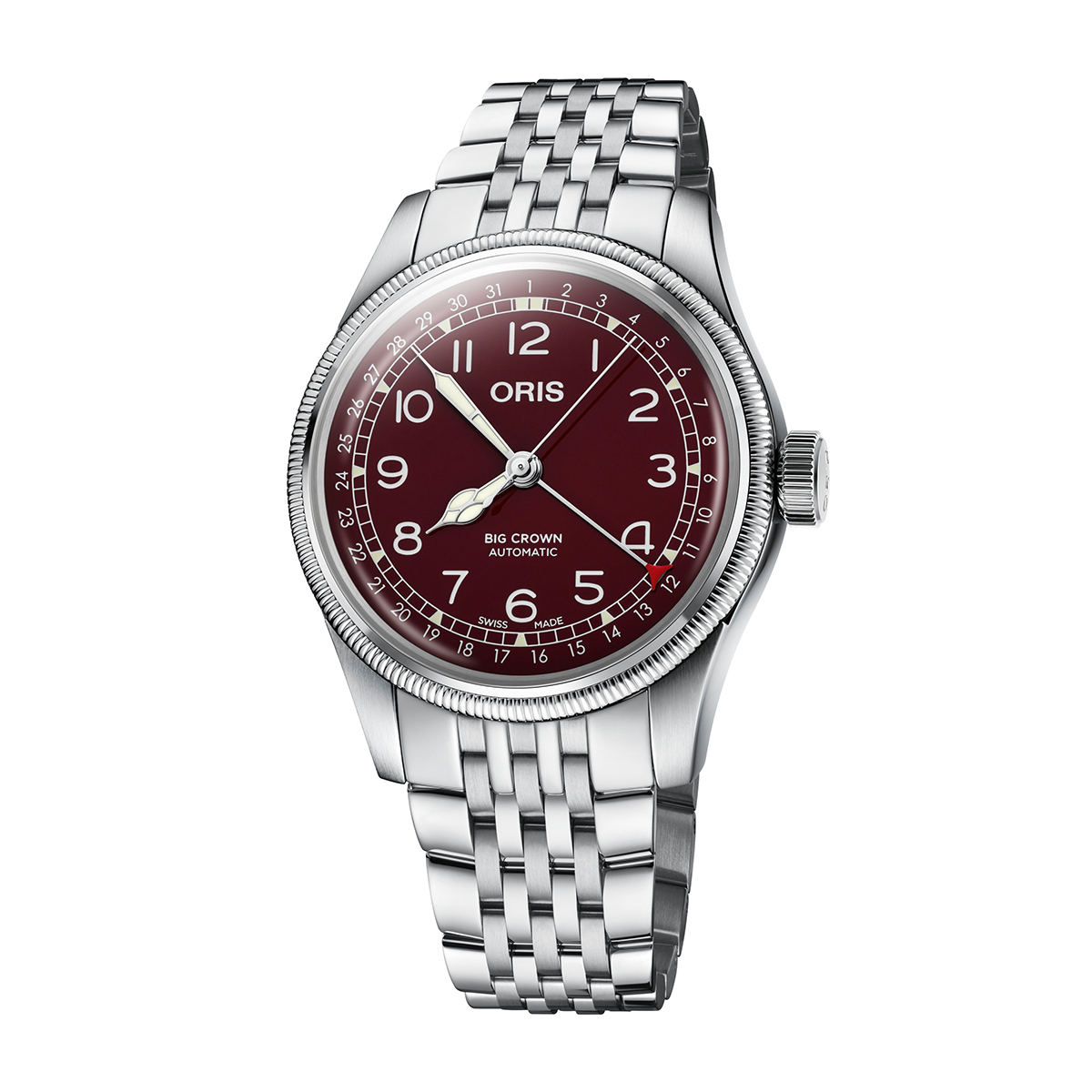 Stainless steel red dial men's Oris Big Crown Pointer Date automatic watch