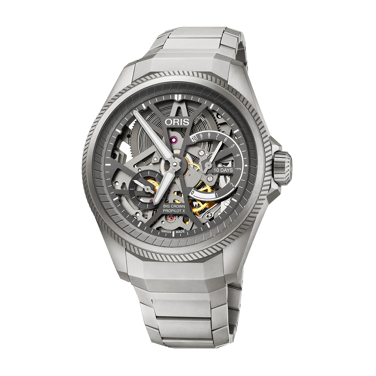 Titanium open aperture dial & case back men's Oris Big Crown ProPilot X Calibre 115 automatic watch