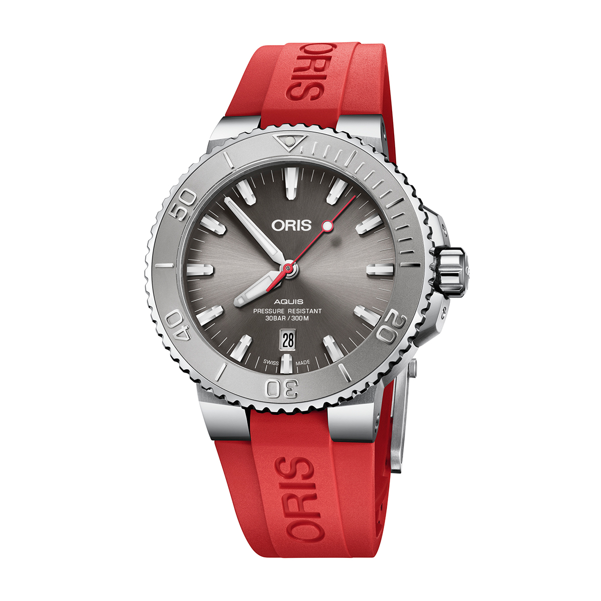 Stainless steel gray dial & red rubber strap men's Oris Aquis Date Relief automatic watch