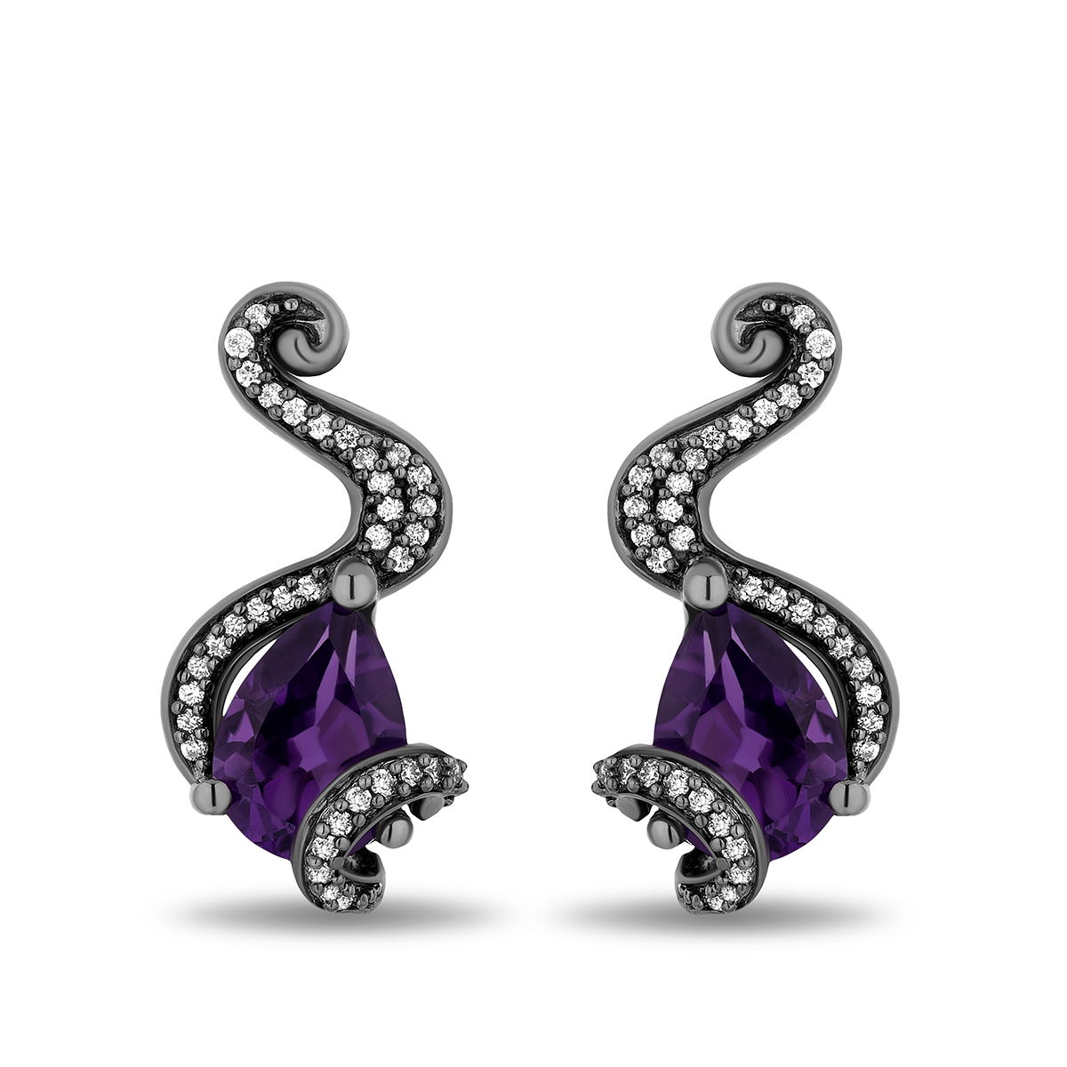 black rhodium plated sterling silver pear amethyst tentacle earrings with diamonds