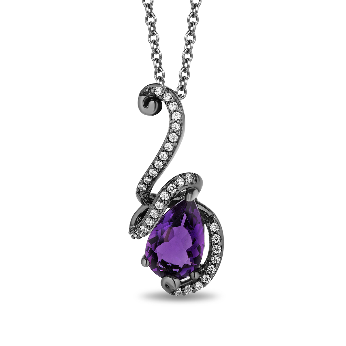 black rhodium plated sterling silver pear amethyst tentacle pendant with diamonds