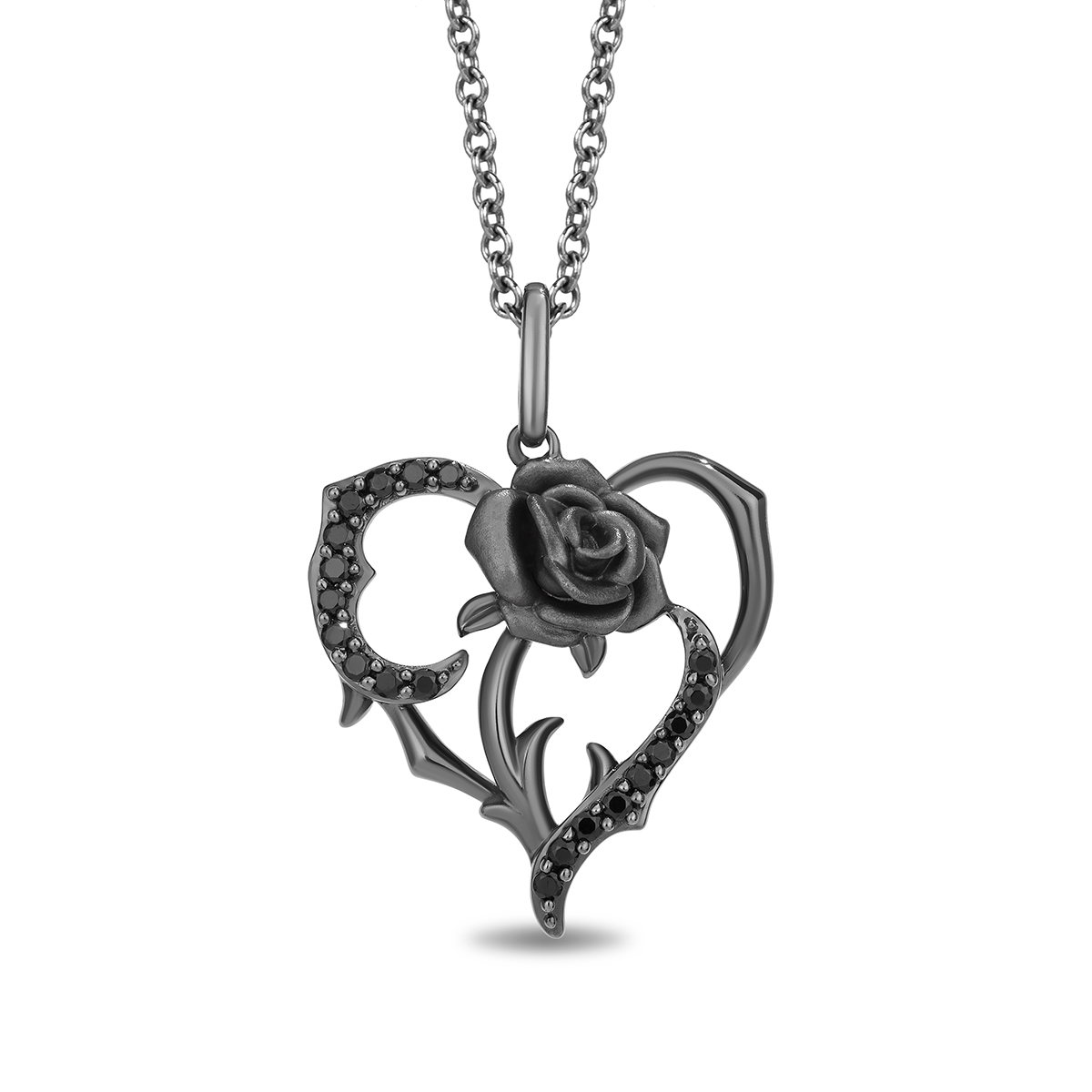 black rhodium plated sterling silver rose and throned heart pendant with treated black diamonds