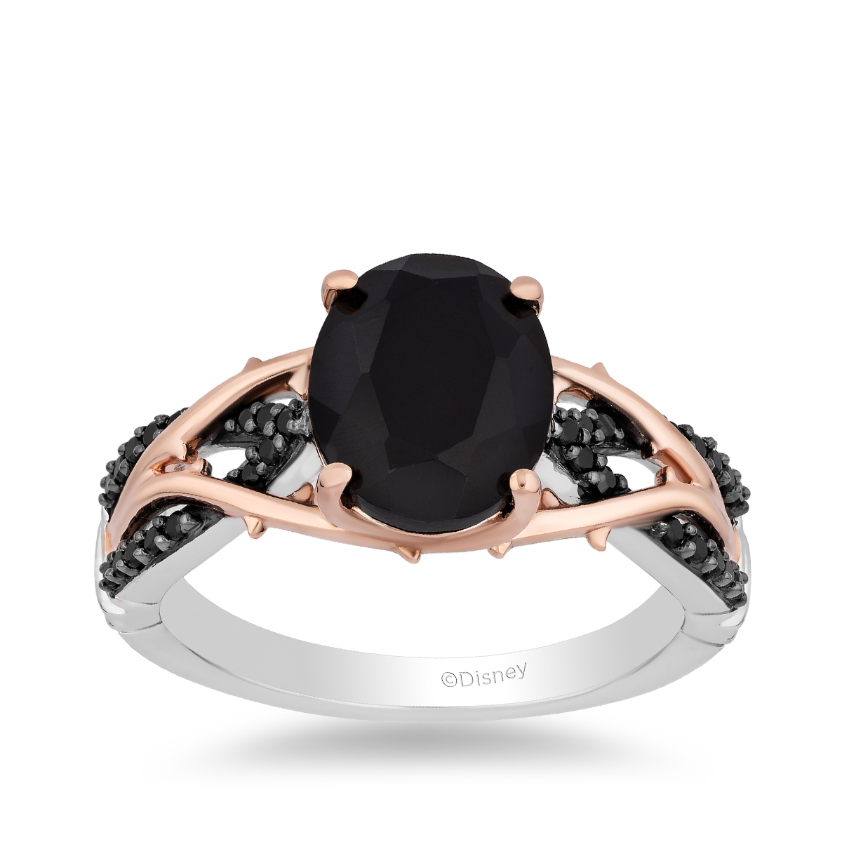 sterling silver and pink gold oval onyx thorn ring with treated black diamonds and black rhodium plating