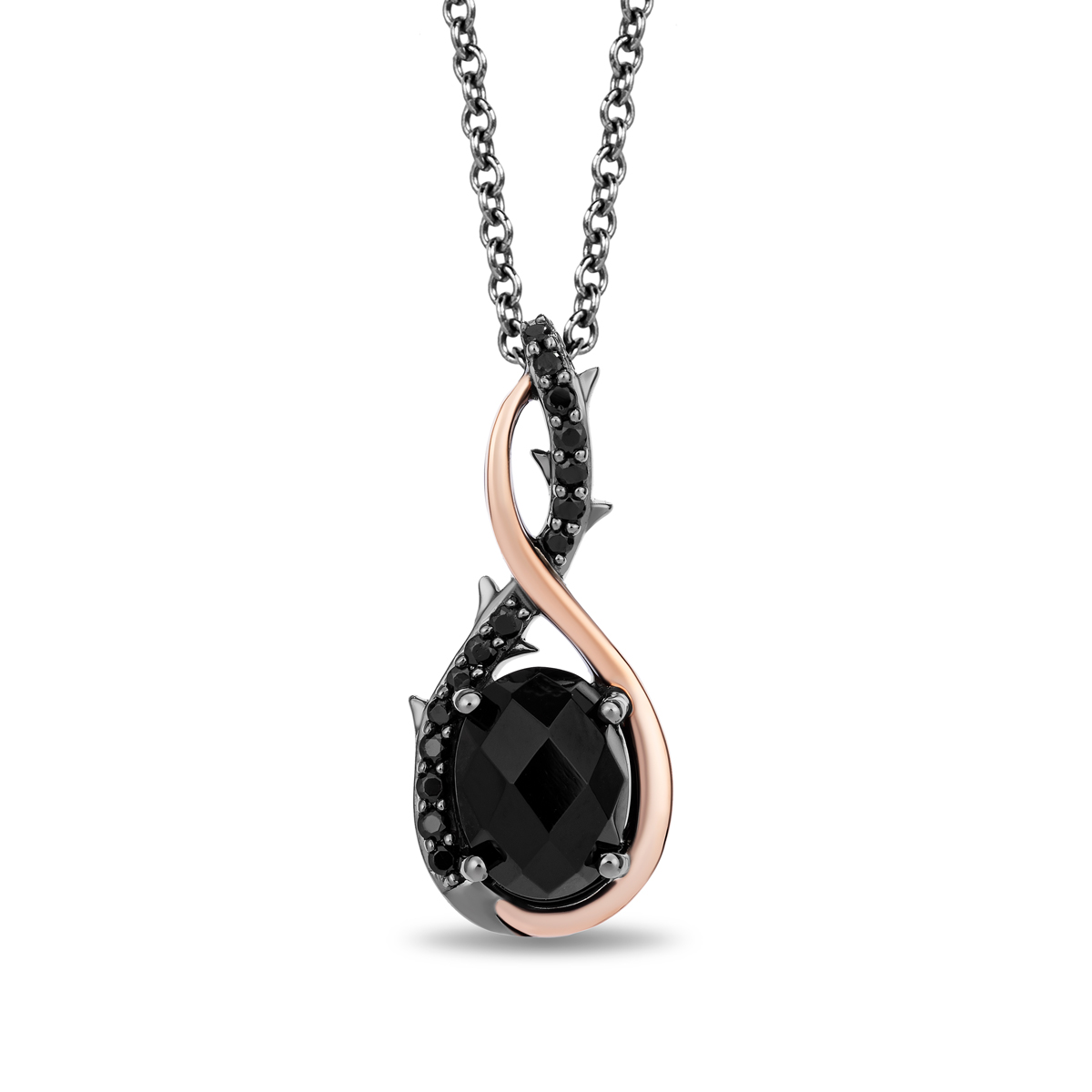 black rhodium plated sterling silver oval onyx and black treated diamond thorn pendant with pink gold accent