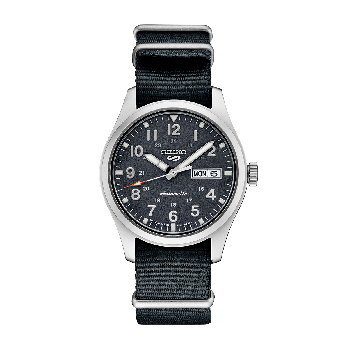 Stainless steel gray dial & nylon strap Seiko 5 Sports men's field style automatic watch