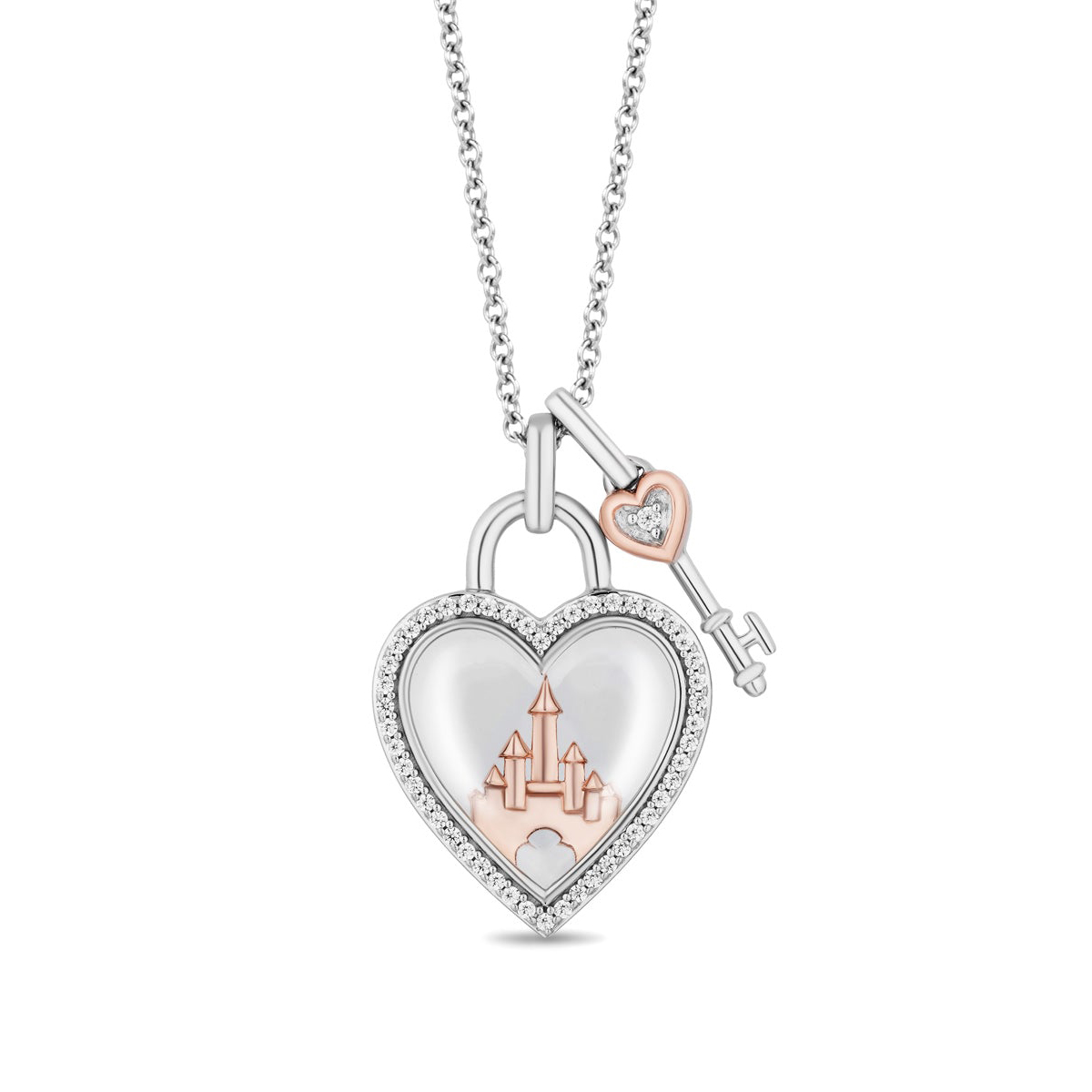 sterling silver heart  and heart key charm charm with diamond accents, pink gold castle, and quartz viewing lens