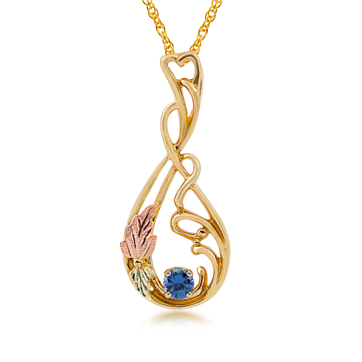 10K yellow gold Black Hills Gold Yogo sapphire vine and leaf teardrop pendant