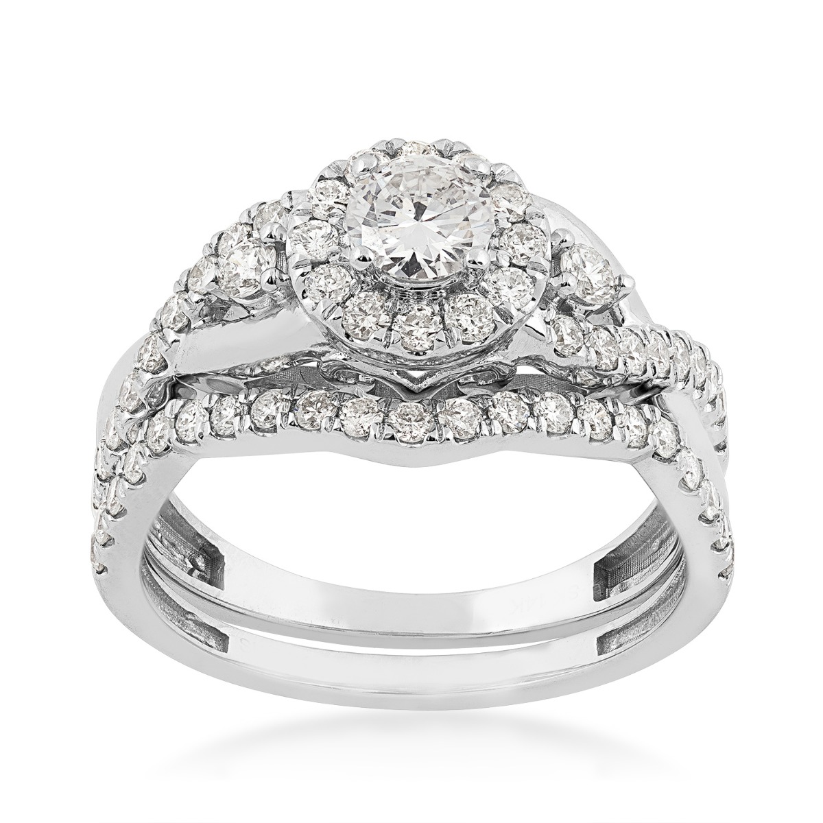 14K white gold 1 ct. tw. round diamond halo twist wedding set