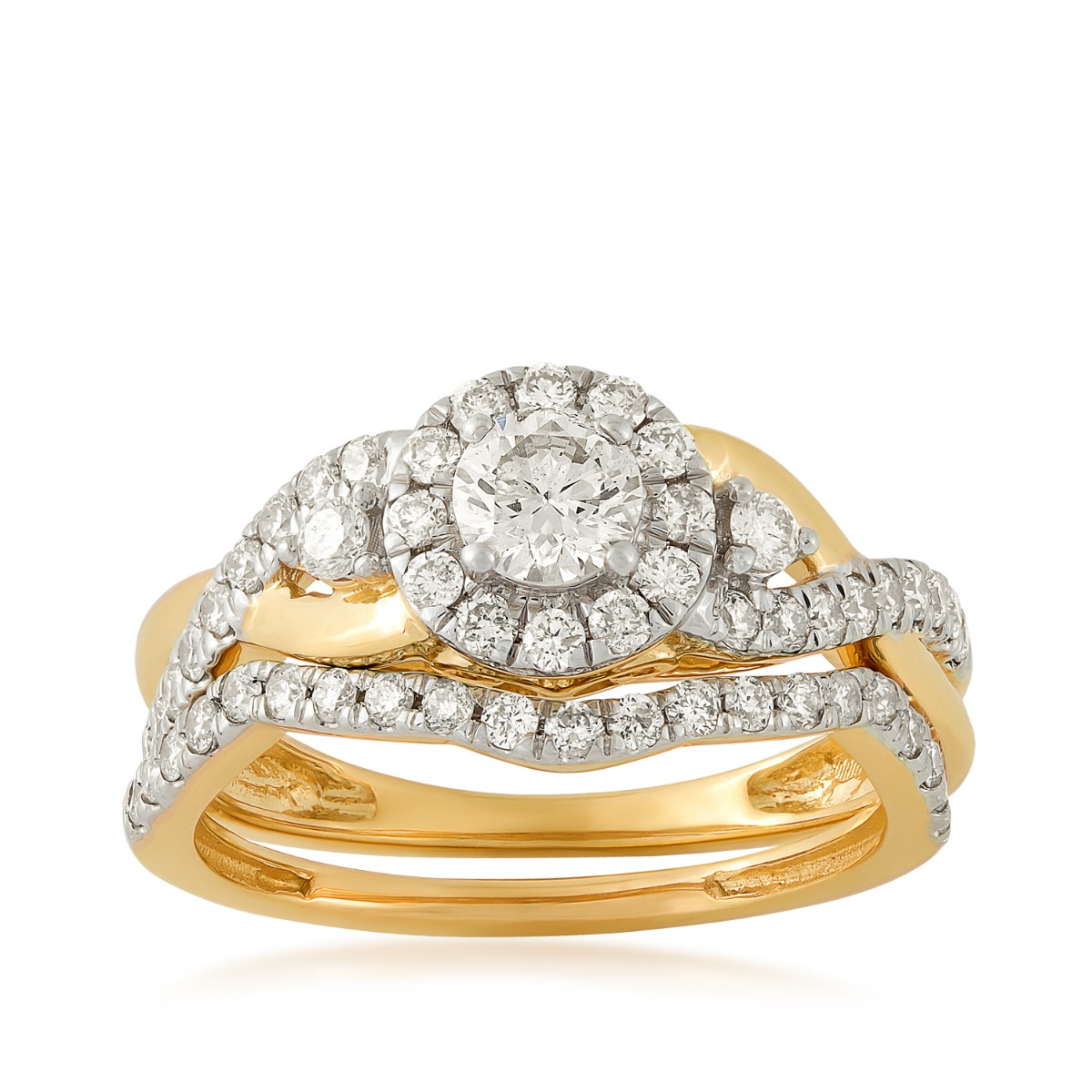 14K yellow gold and rhodium plated 1 ct. tw. round diamond halo twist wedding set