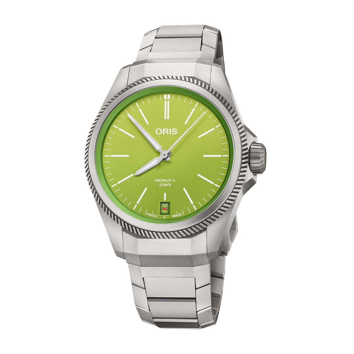 Titanium green dial men's Oris ProPilot and Kermit the Frog automatic watch