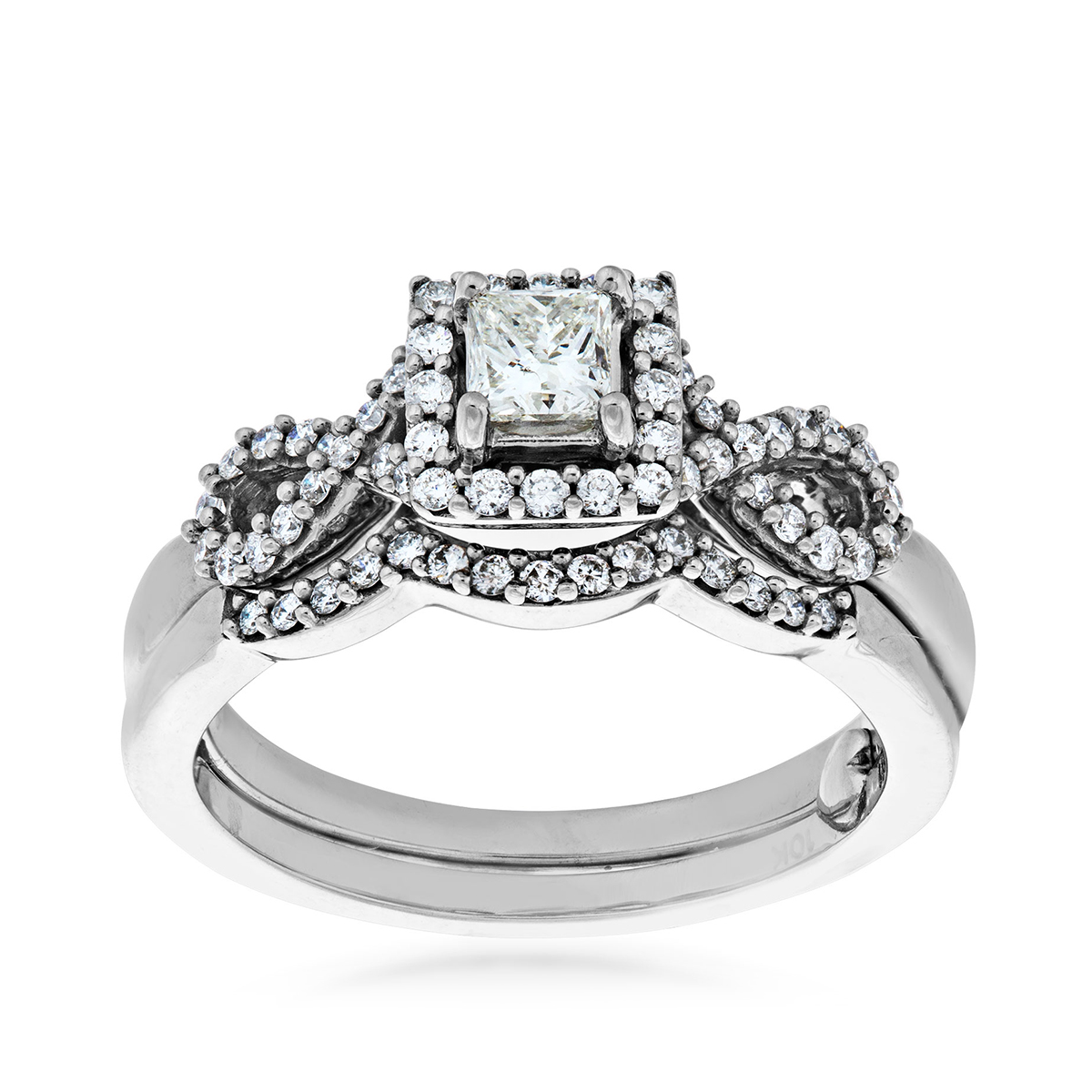 10K white & pink gold 3/4 ct. tw. princess cut diamond halo twist wedding set