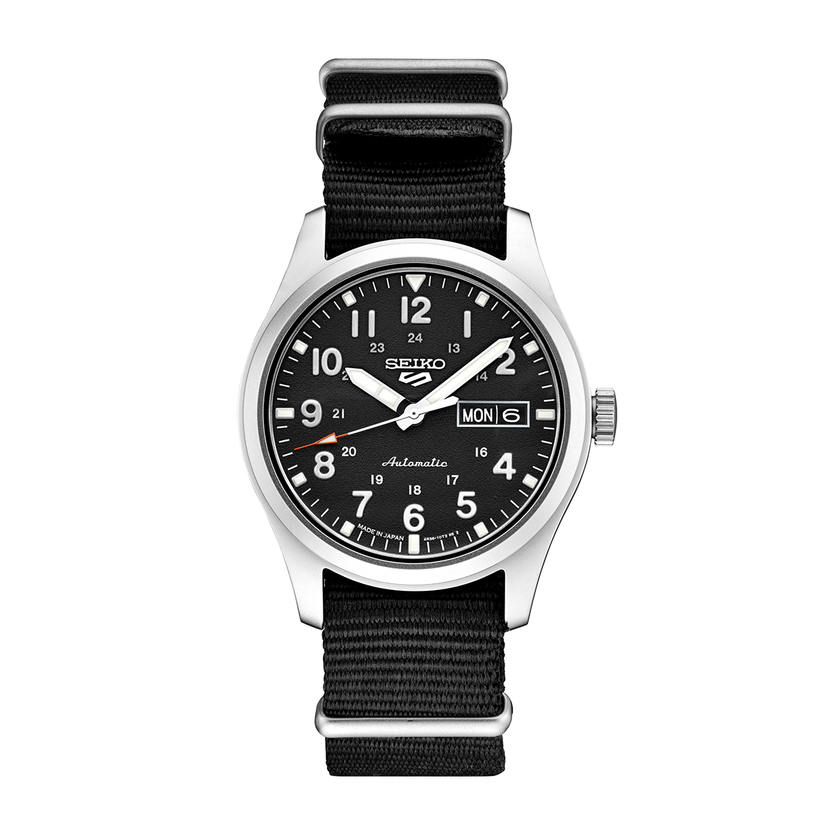 Stainless steel black dial & nylon strap Seiko field style automatic watch