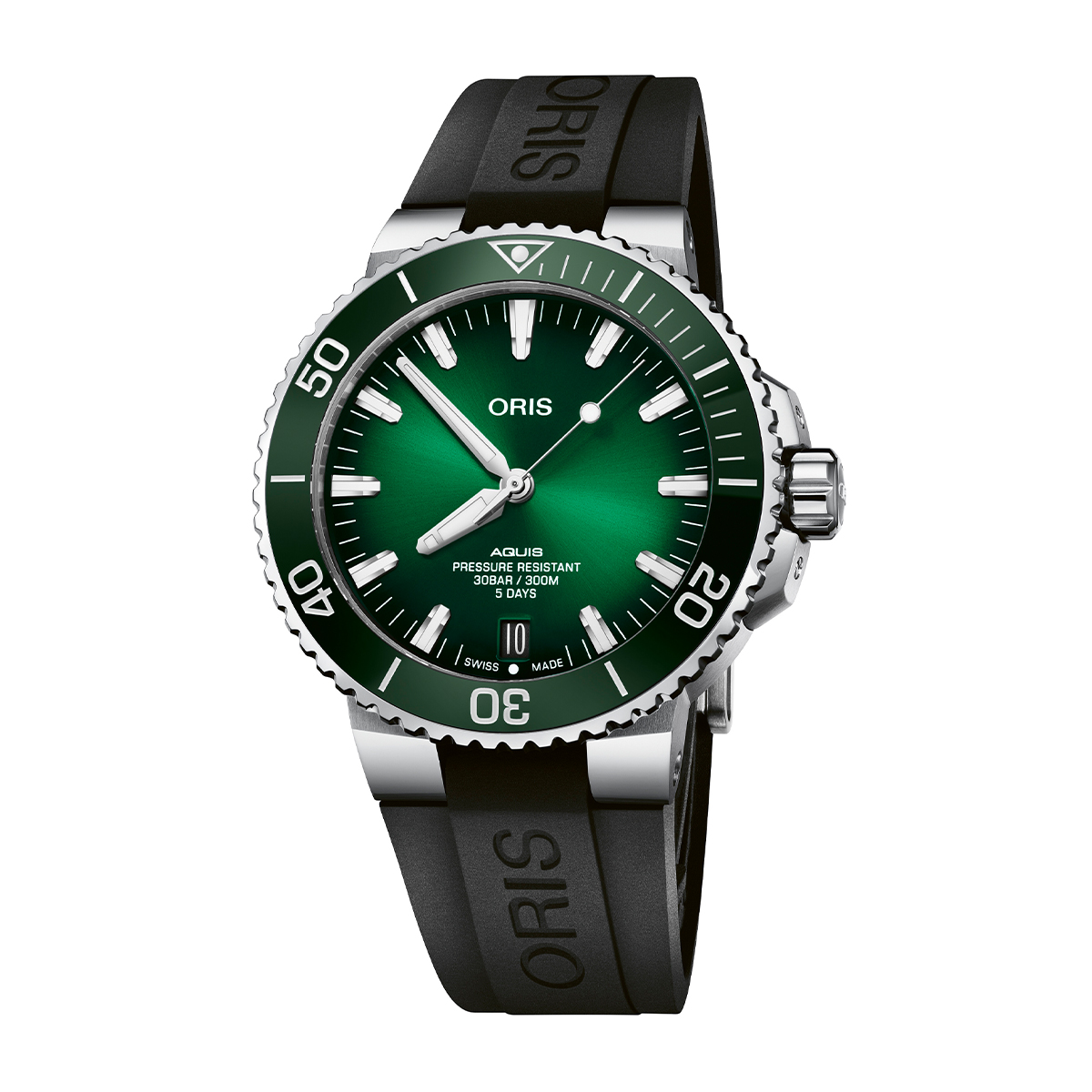 Stainless steel green dial & black rubber strap men's Oris Aquis Date Calibre 400 automatic watch