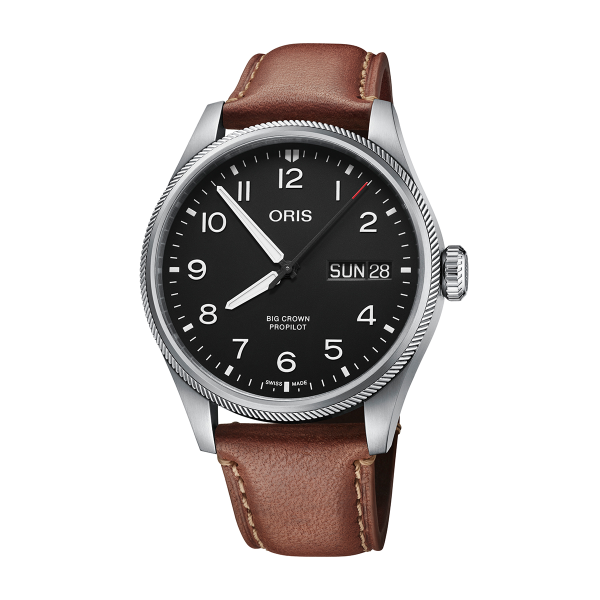 Stainless steel black dial & leather strap men's Oris Big Crown ProPilot Date automatic watch