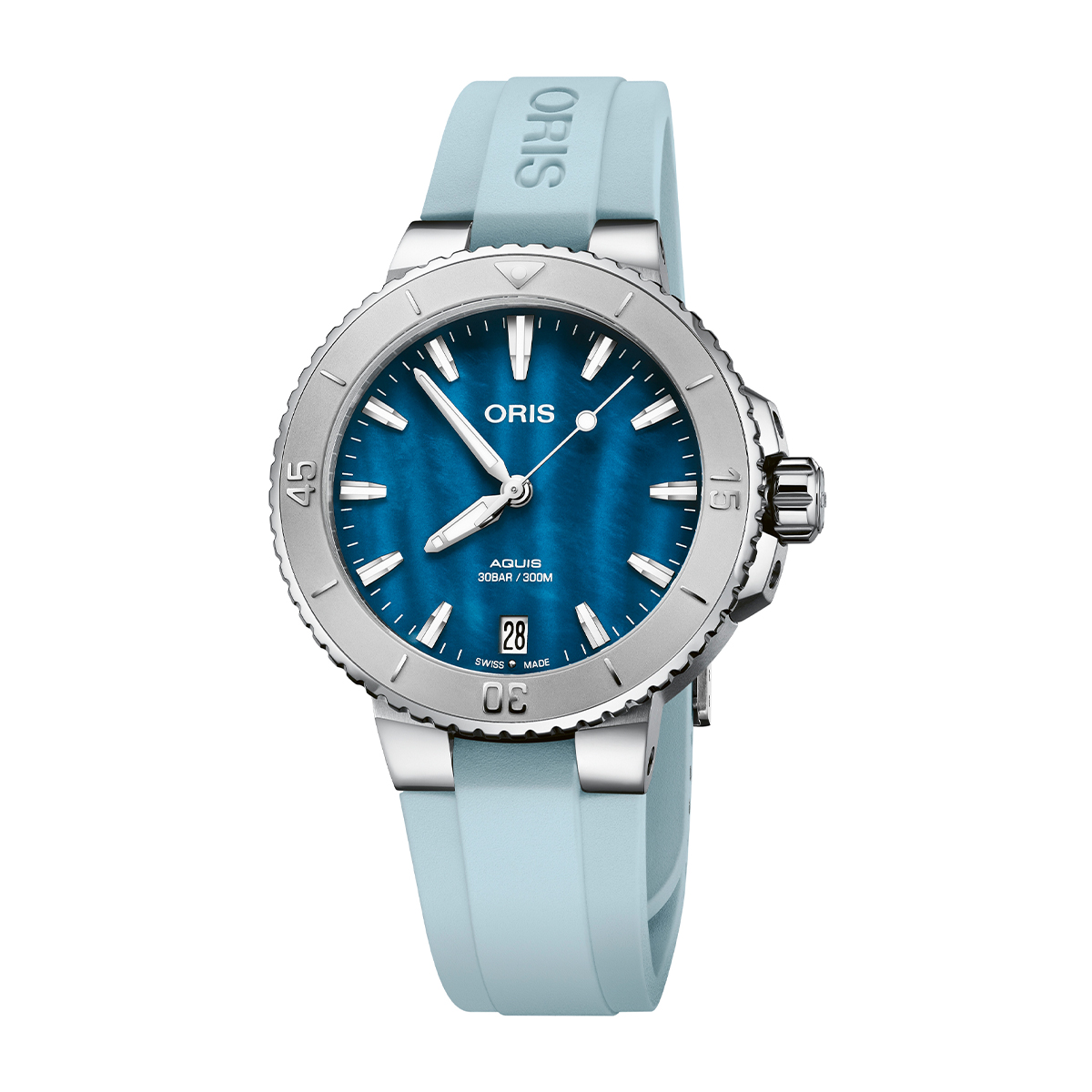 Stainless steel blue mother of pearl dial & light blue rubber strap men's Oris Aquis date automatic watch