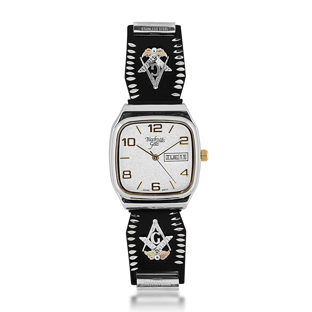 Stainless steel white dial and masonic powder coated band men's Black Hills Gold watch