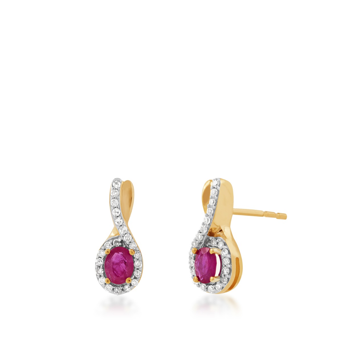 Yellow gold oval ruby & 1/8 ct. tw. diamond halo twist earrings