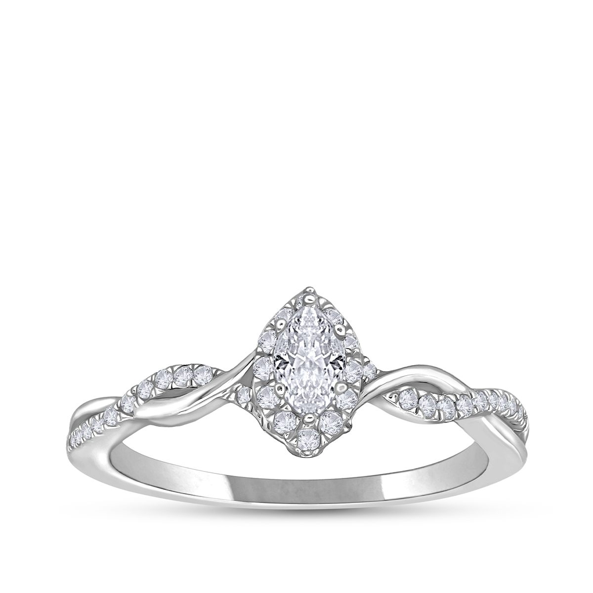 White gold marquise diamond halo engagement ring with twist band