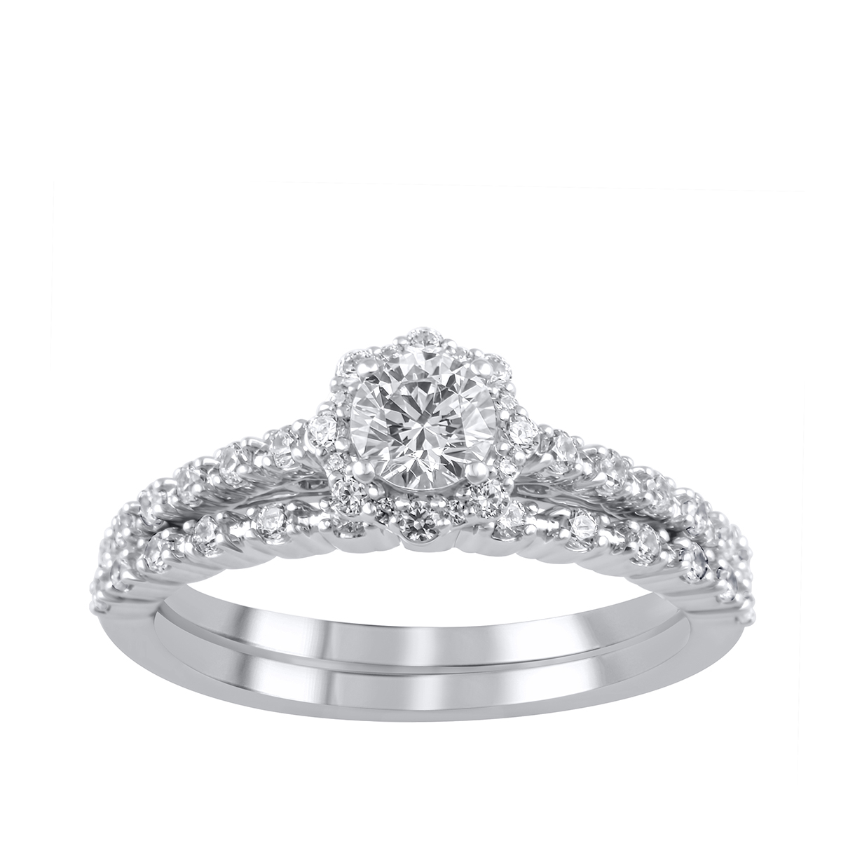 White gold round diamond halo wedding set