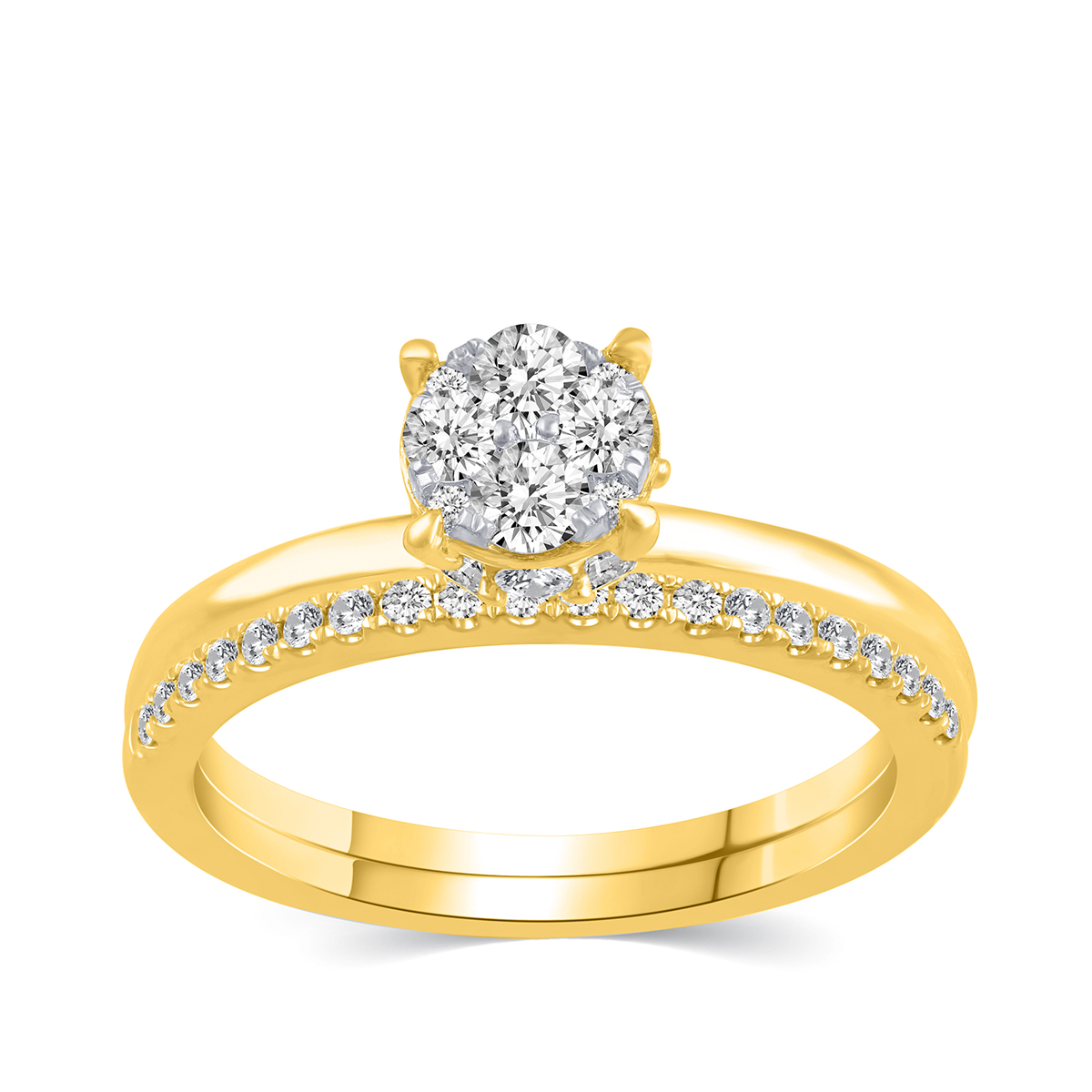 Yellow gold round diamond cluster wedding set with diamond accented prongs