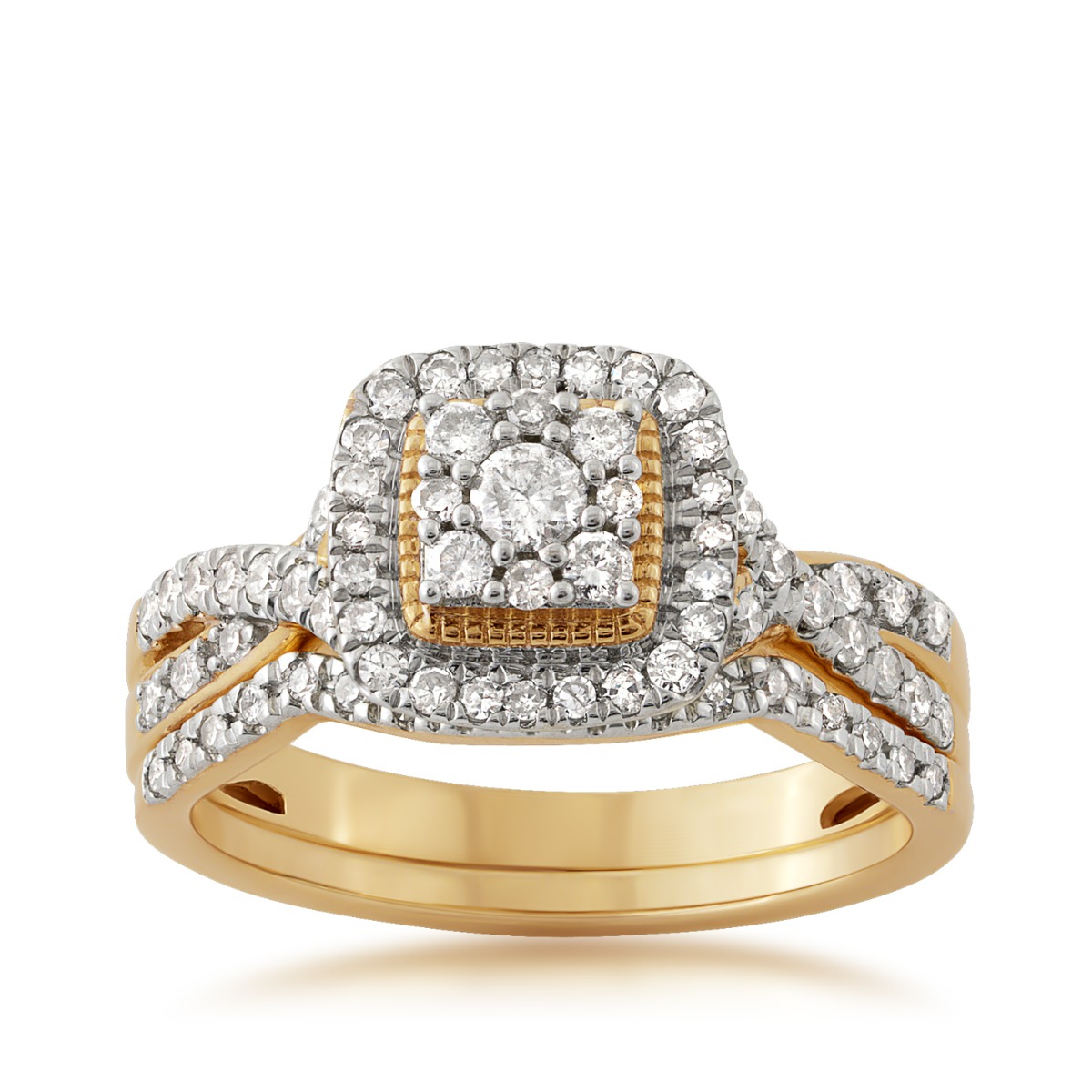 10K yellow gold 1/2 ct. tw. round diamond cluster milgrain halo wedding set