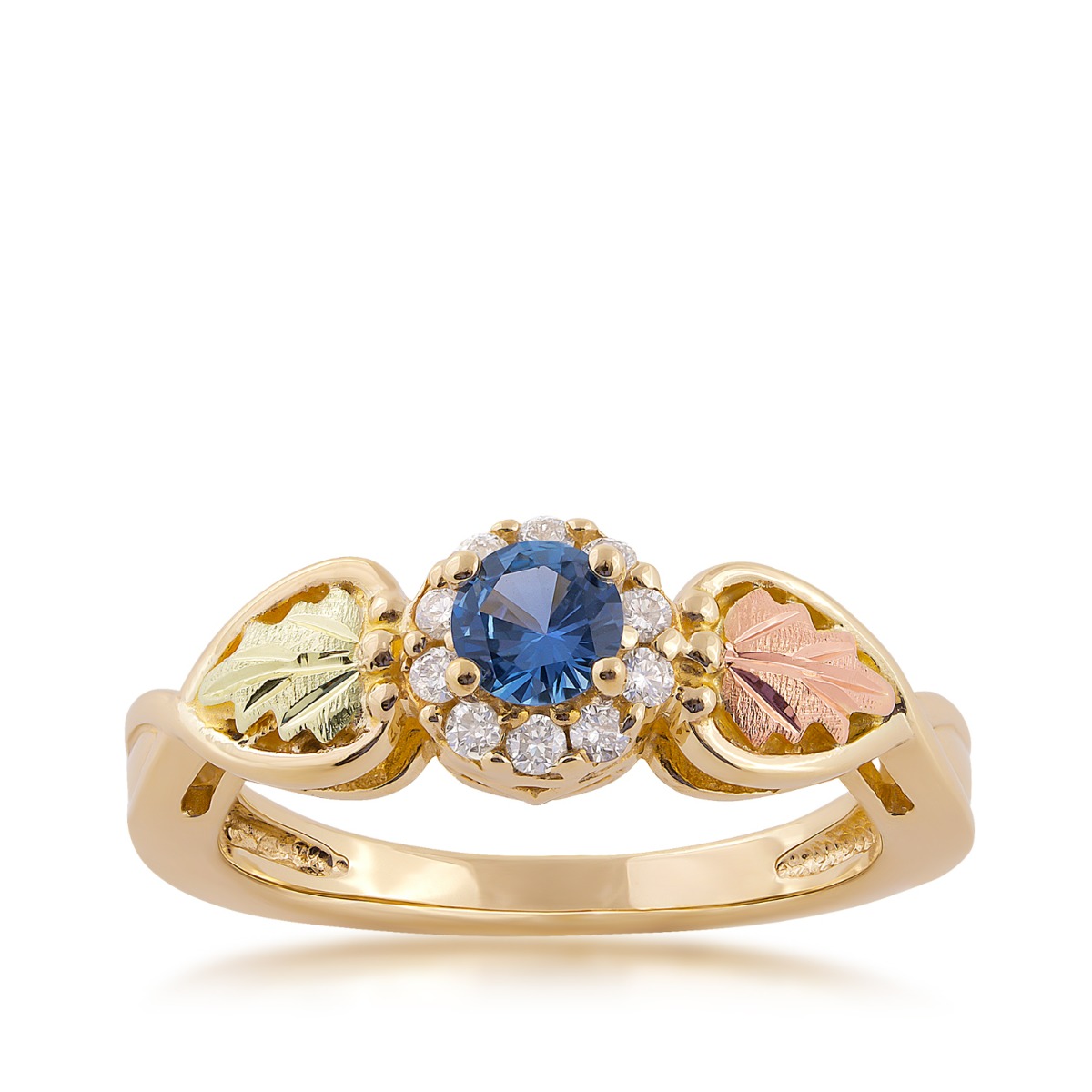Black Hills Gold round Yogo sapphire and 1/6 ct. tw. diamond halo ring in yellow gold