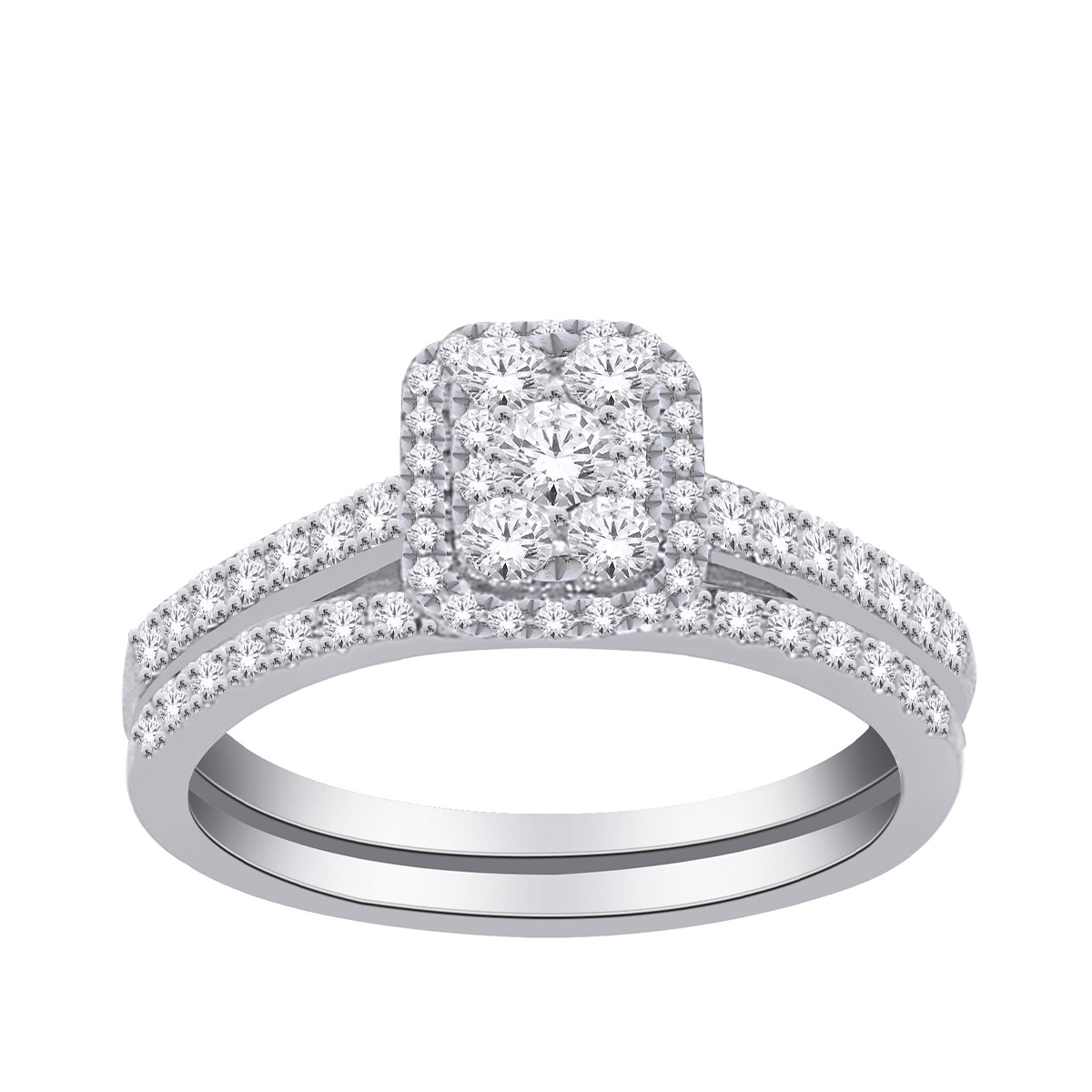 White gold round diamond rectangle cluster halo wedding set