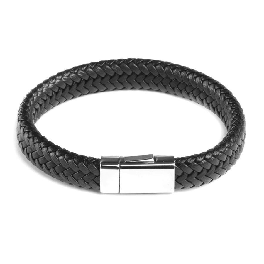 Stainless steel clasp 12mm 8.5 inch men's black braided leather bracelet