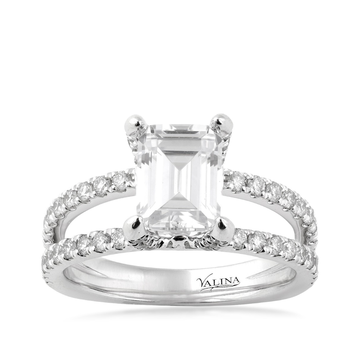 14K white gold Valina 3/4 ct. tw. diamond split shank emerald cut semi-mount engagement ring