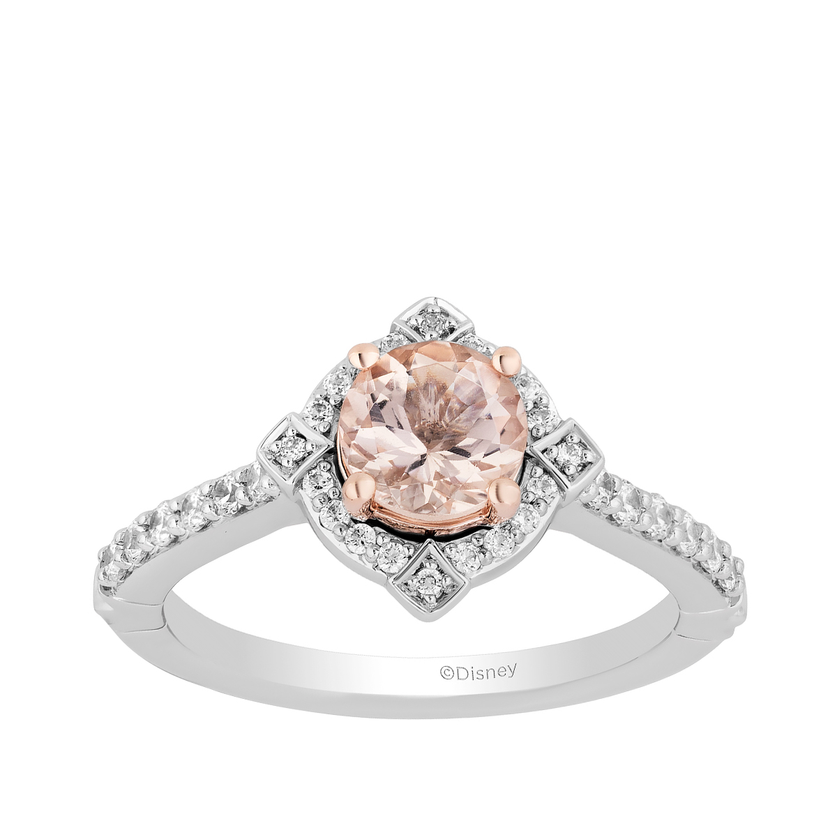 14K white & pink gold round morganite & 1/3 ct. tw. diamond halo Enchanted Disney Vault Aurora ring