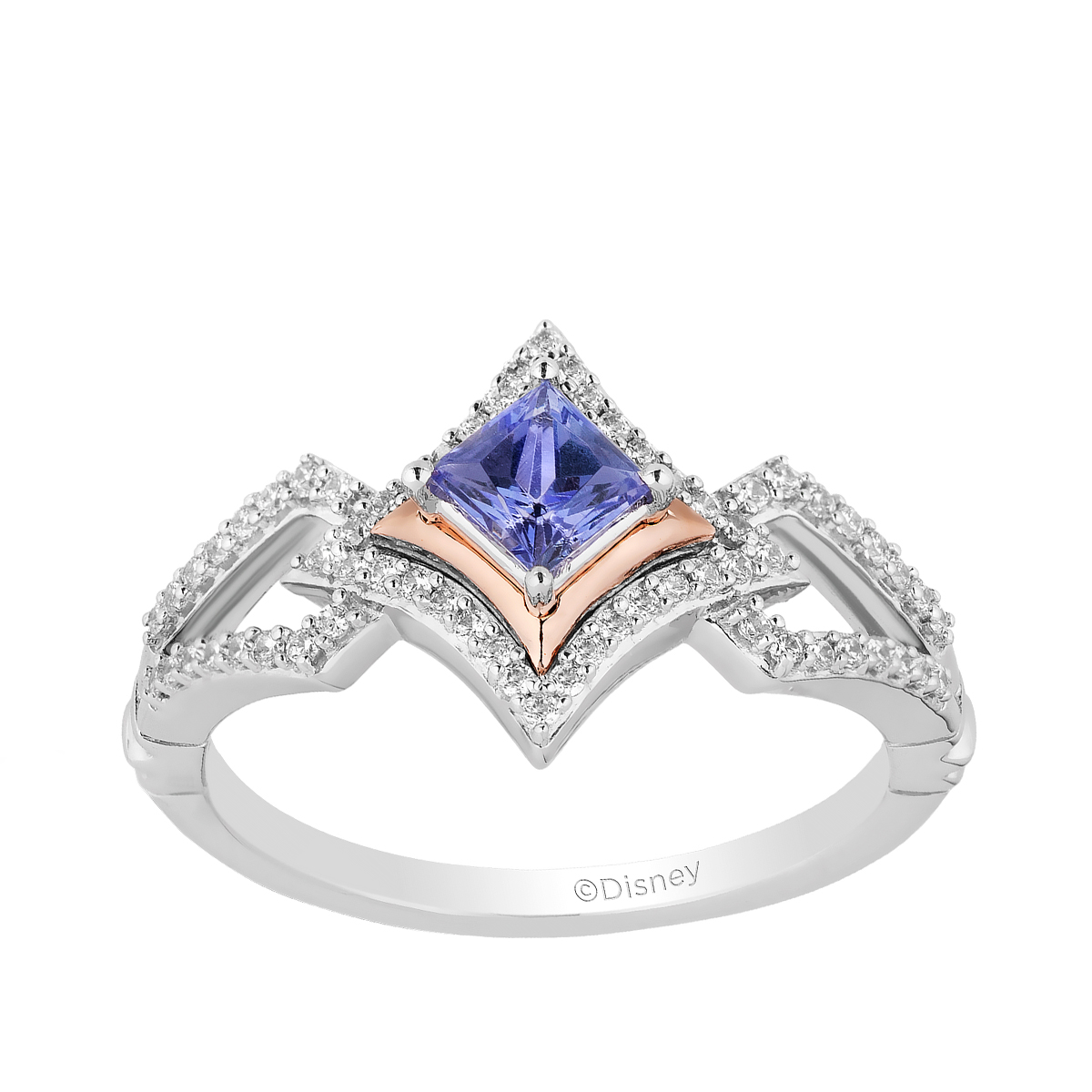 Sterling silver & 10K pink gold princess cut tanzanite & 1/5 ct. tw. diamond halo Enchanted Disney Vault Ultimate Princess Celebration ring