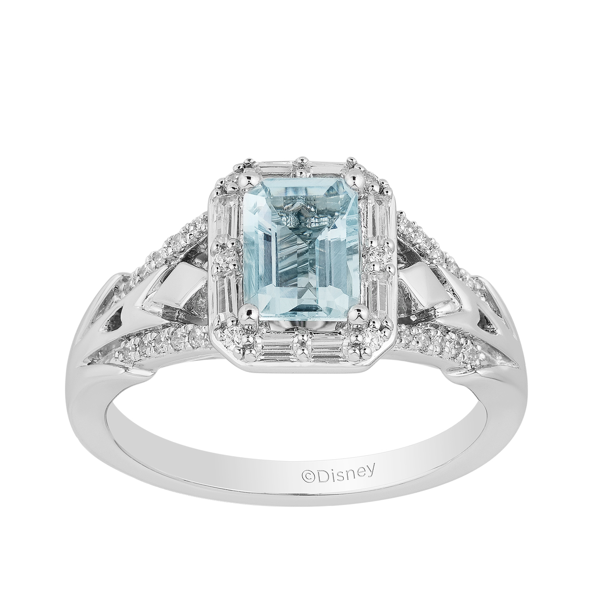 14K white gold emerald cut aquamarine & 3/8 ct. tw. baguette & round diamond halo Enchanted Disney Vault Elsa ring