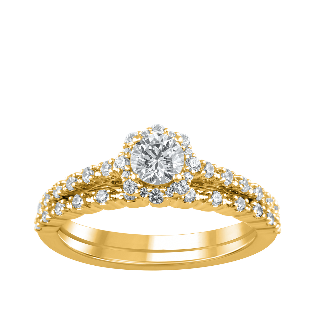 10K yellow gold 3/4 ct. tw. round diamond halo wedding set