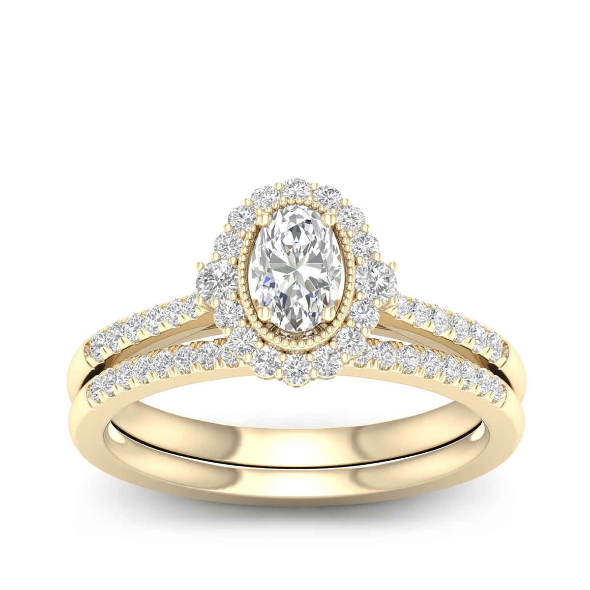 14K yellow gold 7/8 ct. tw. oval diamond milgrain halo wedding set