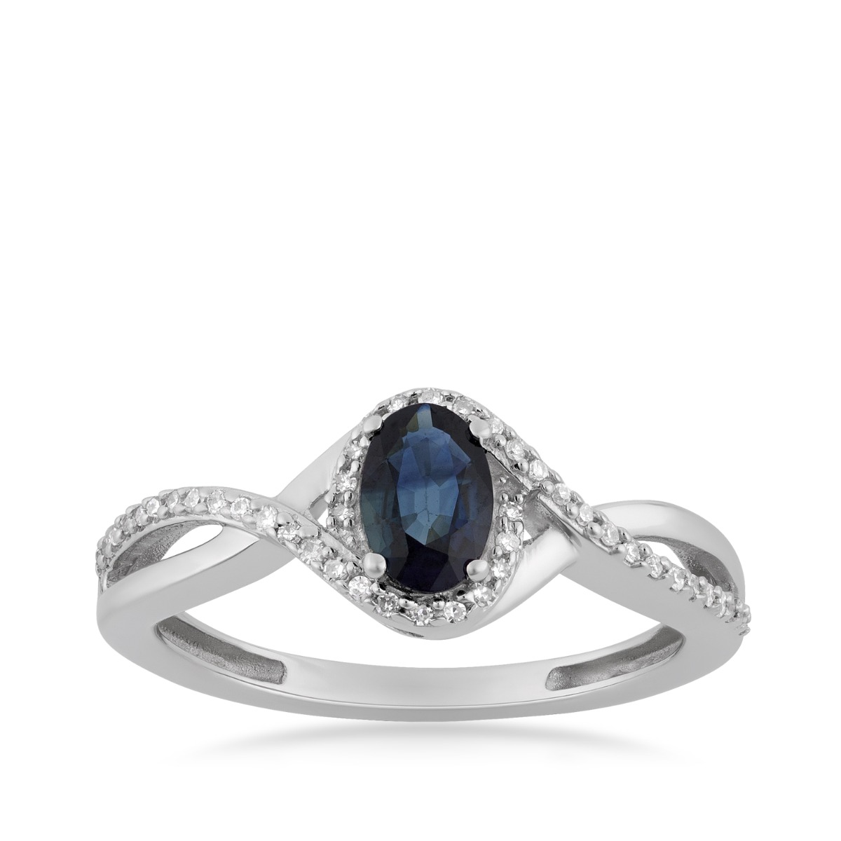 10K white gold Infinite Love oval sapphire and 1/10 ct. tw. diamond halo crossover ring
