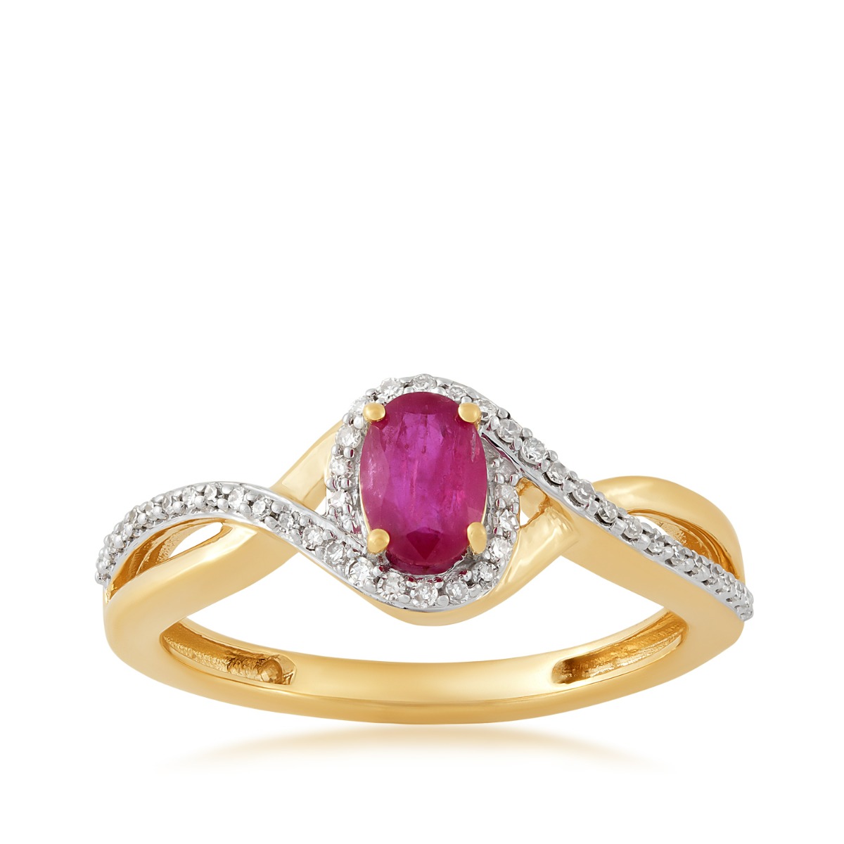 10K yellow gold oval ruby and 1/10 ct. tw. diamond halo crossover ring